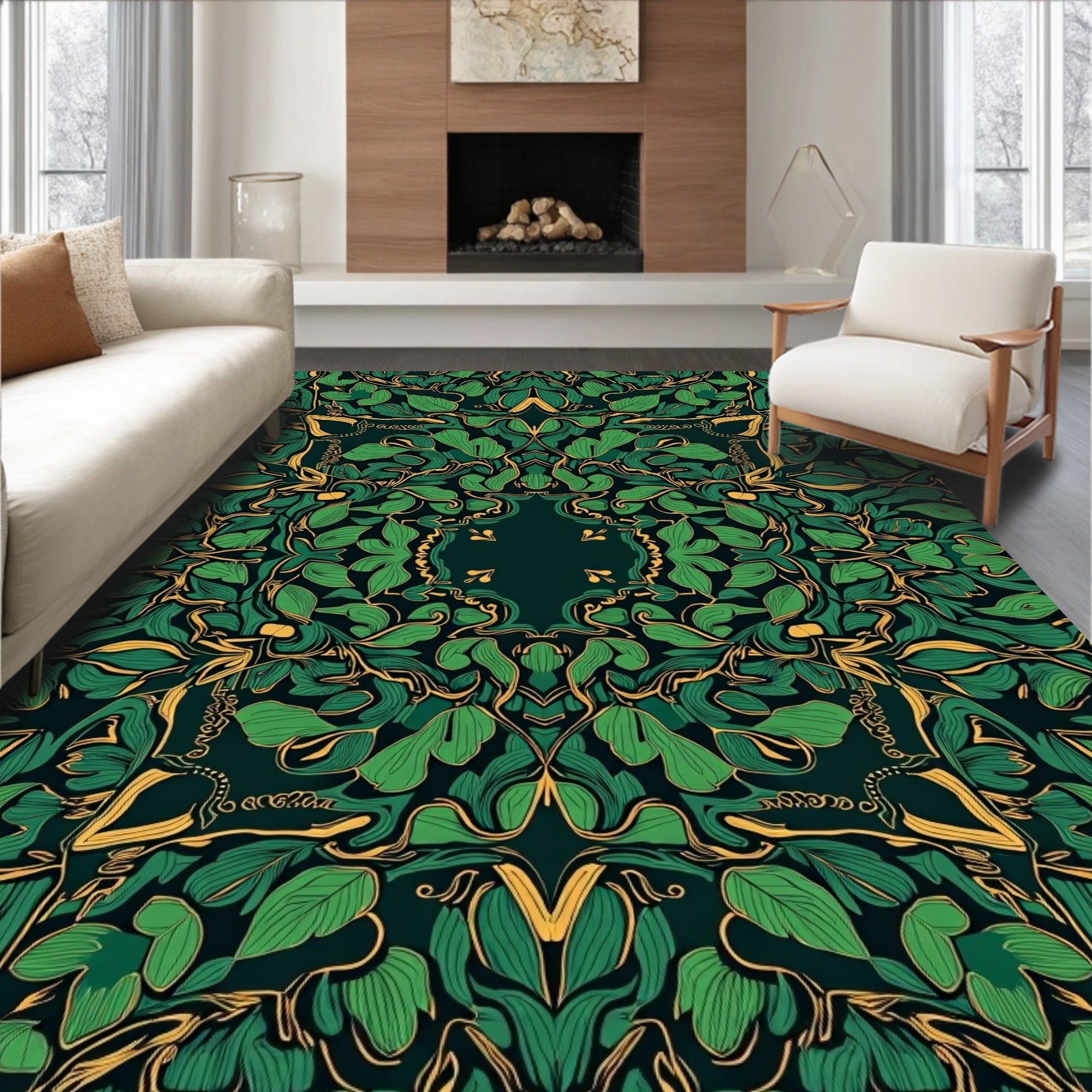 Emerald Green Gold Botanical Pattern Rug
