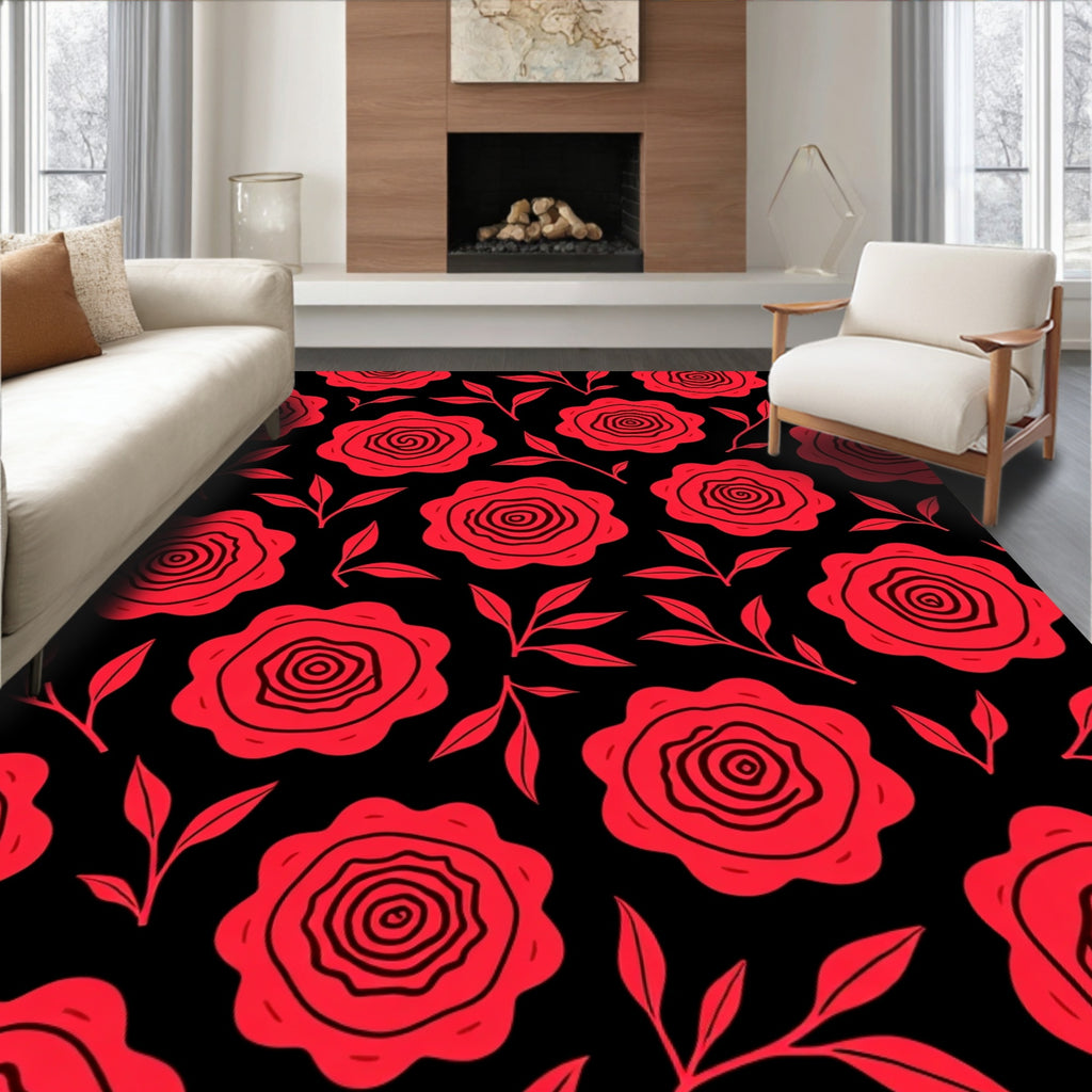 Bold Red Rose Botanical Design Rug