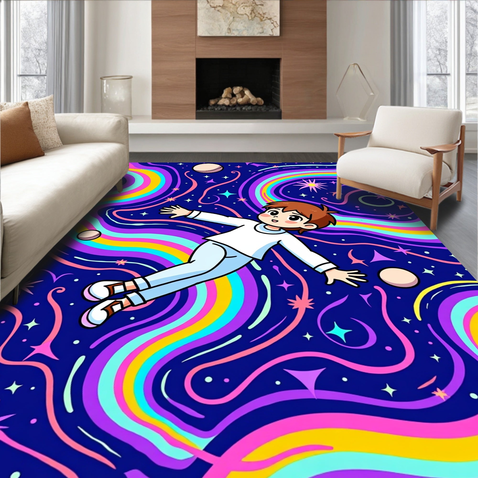 Whimsical Rainbow Swirl Star Child Design Rug