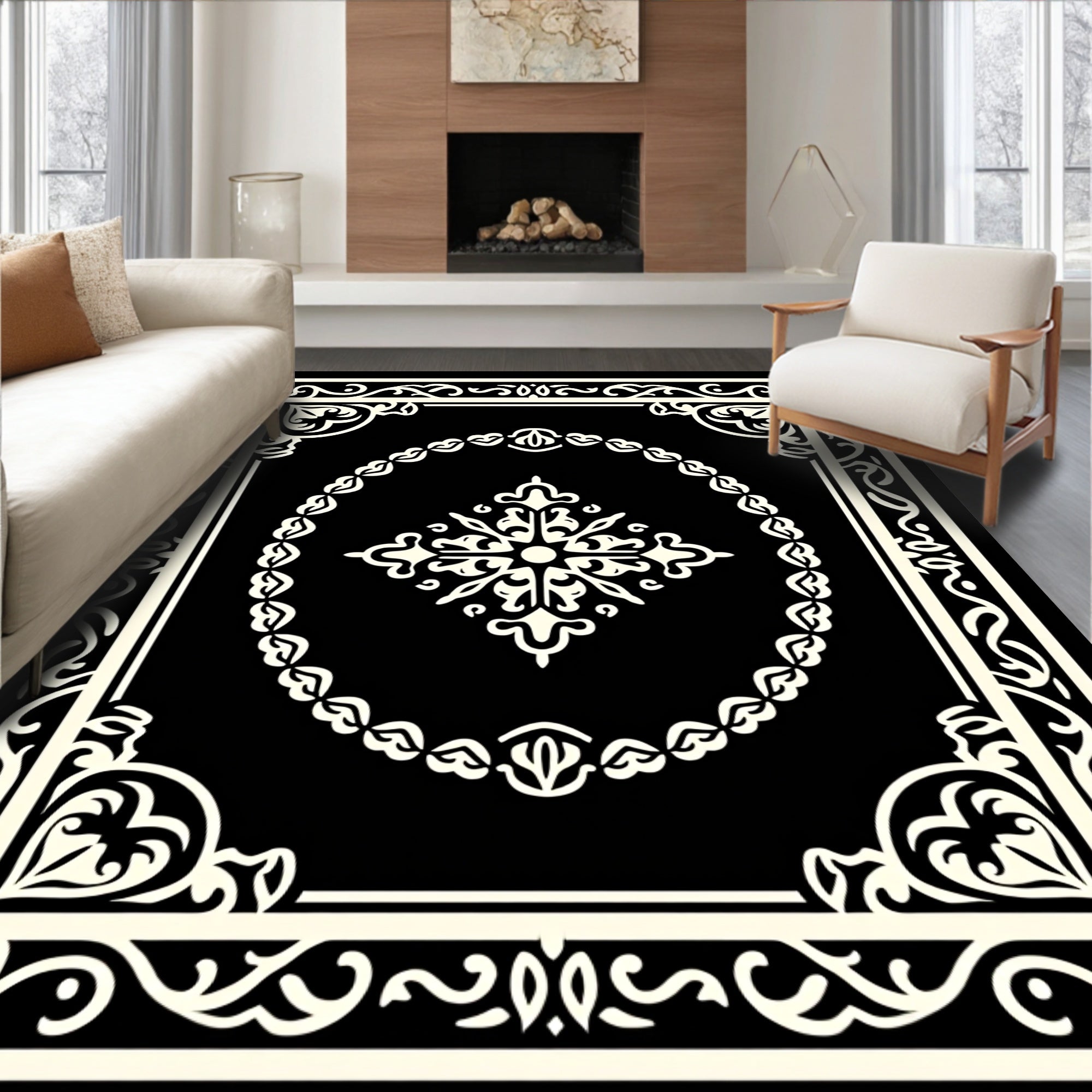 Elegant Black Ivory Classic Floral Design Rug