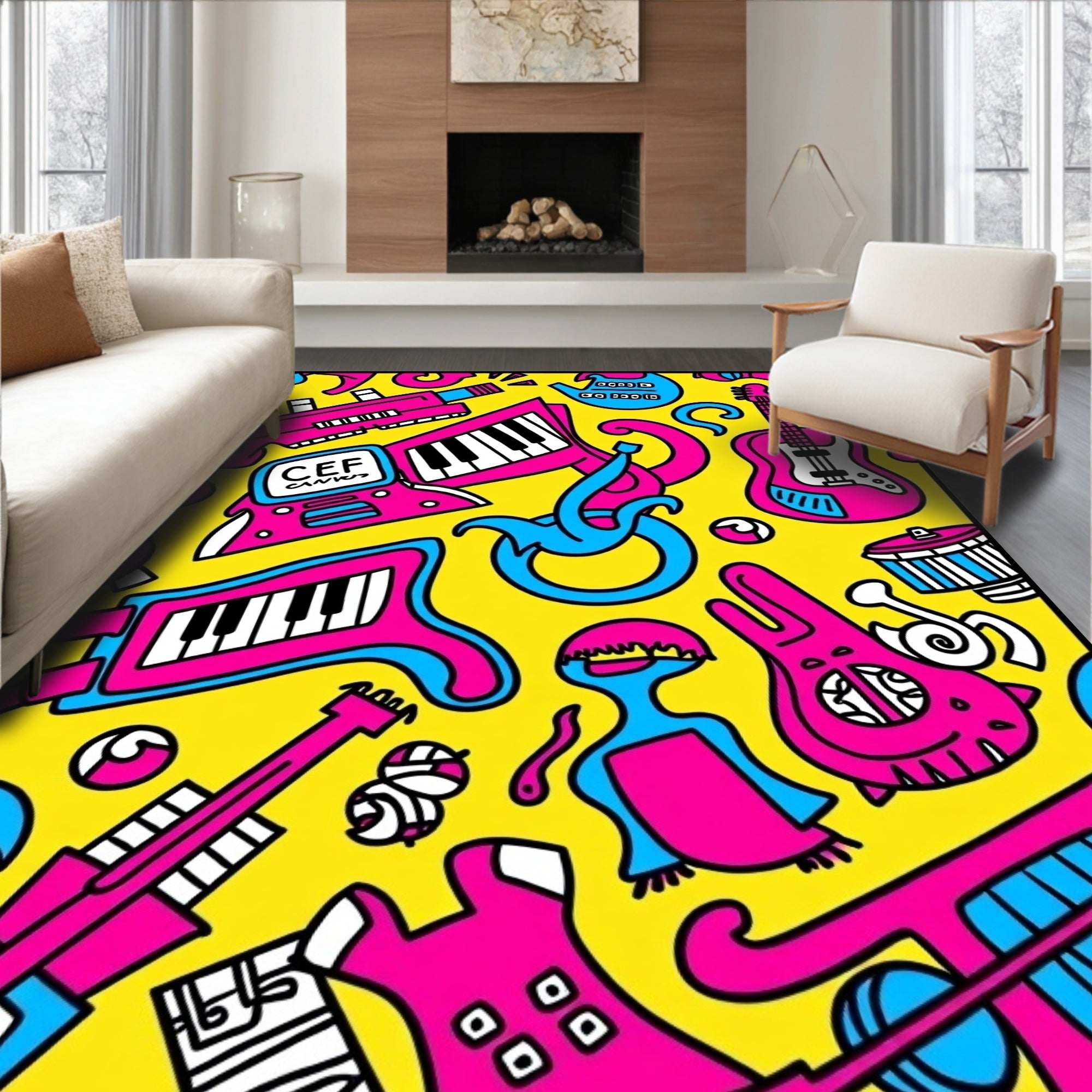 Vibrant Music Collage Pattern Rug