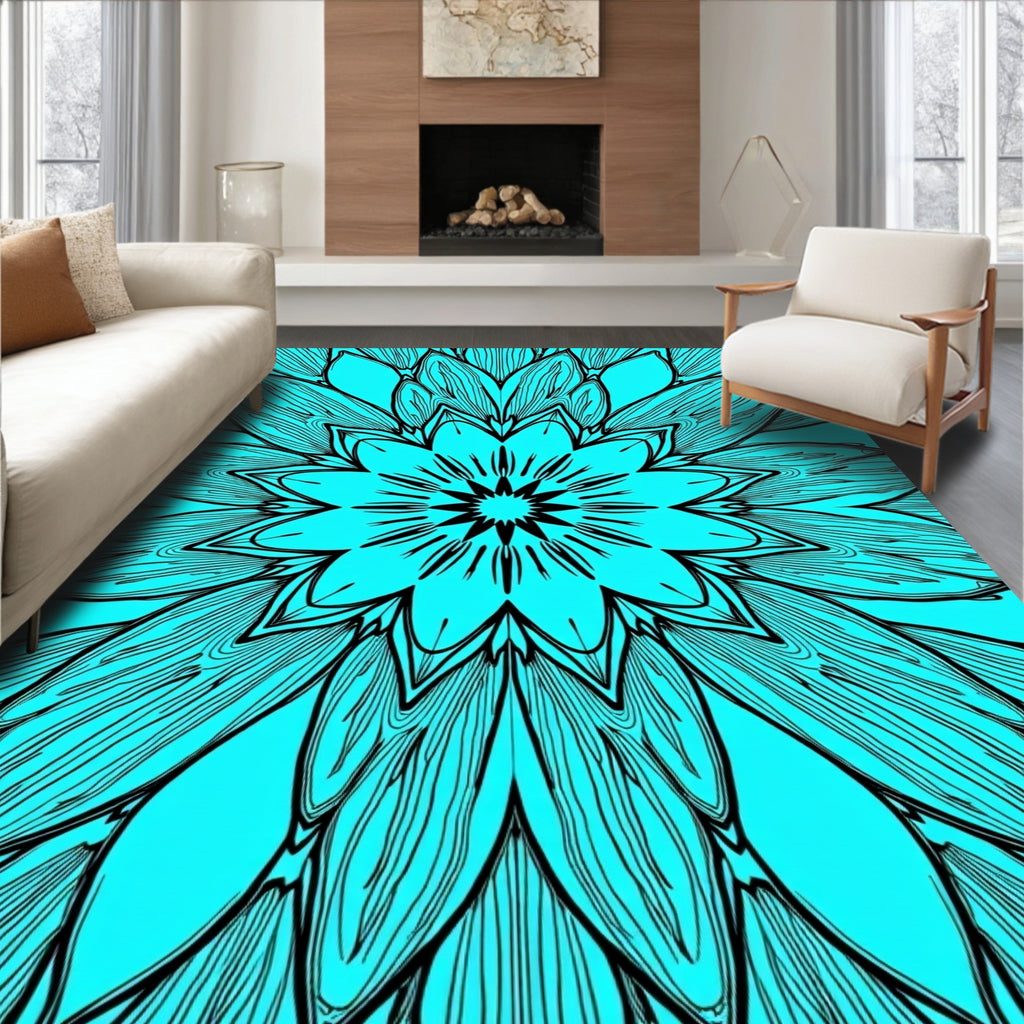 Vibrant Teal Floral Mandala Pattern Rug