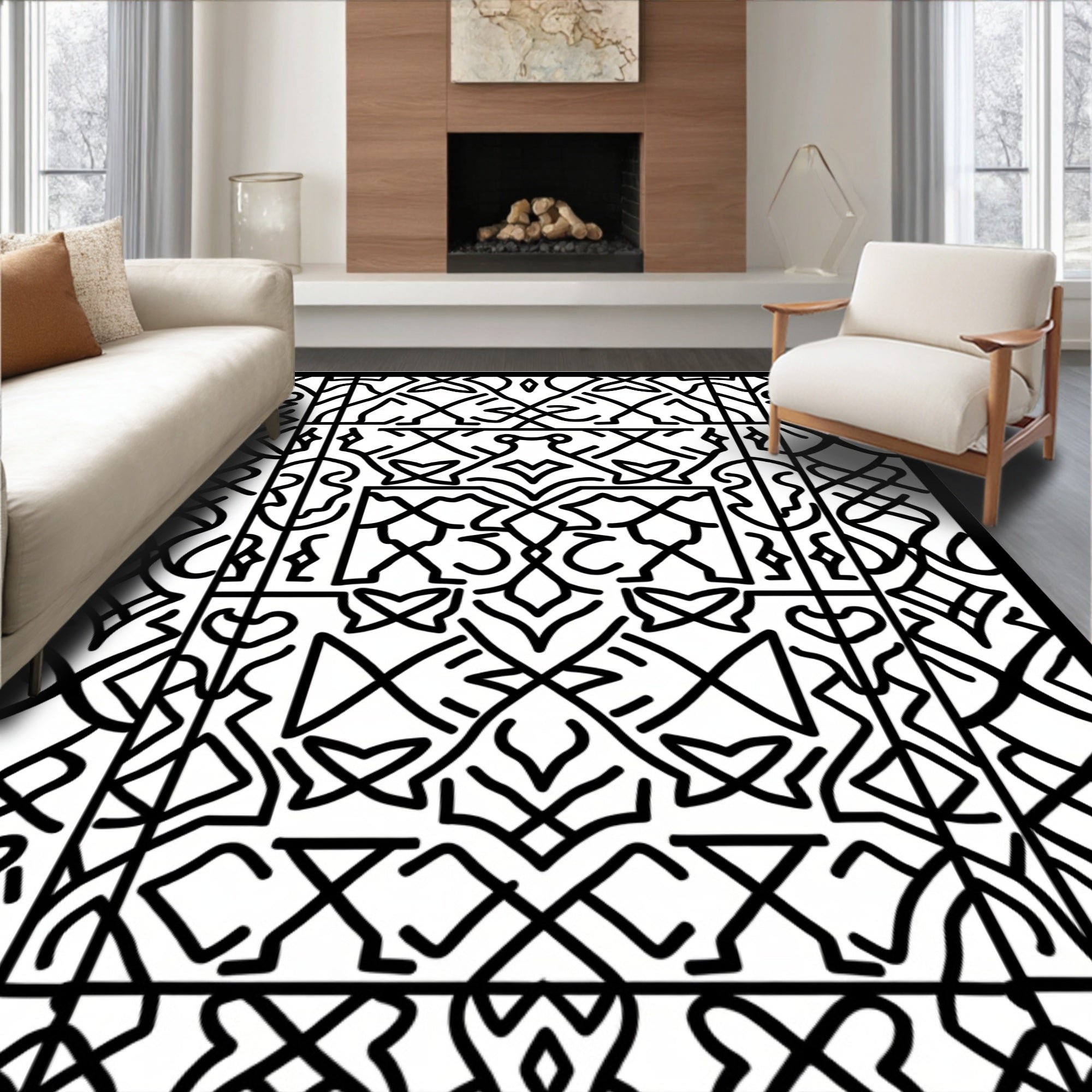 Intricate Abstract Black Geometric Design Rug