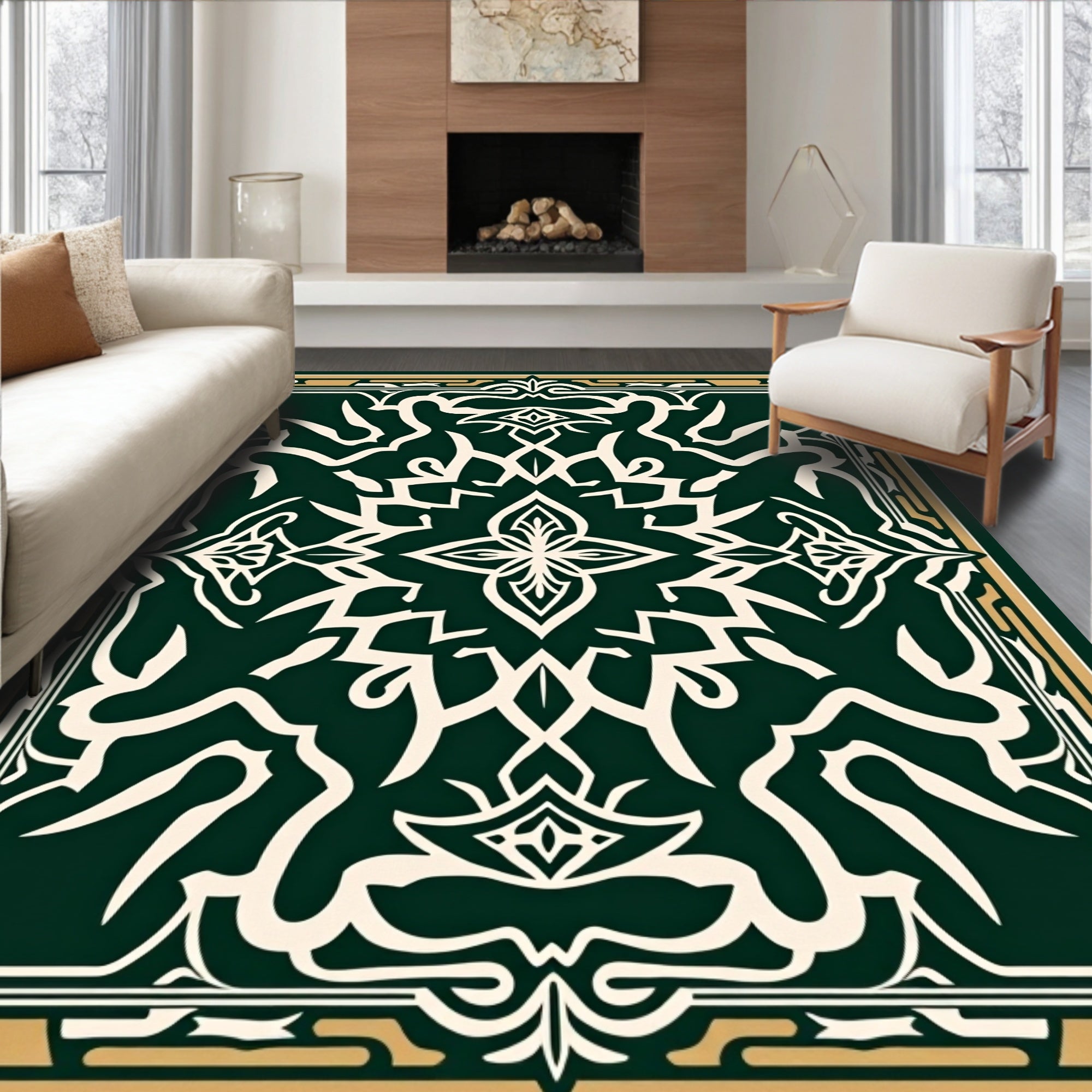 Intricate Dark Green Gold Motif Rug