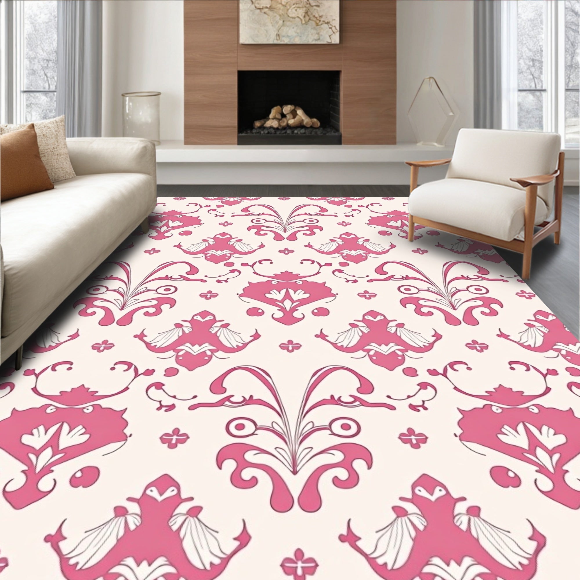 Pink Floral Arch and Scroll Rug