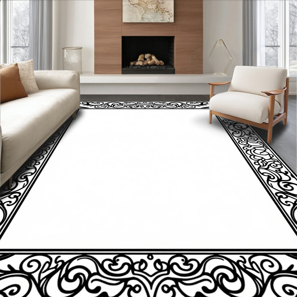 Ornate Black White Scrollwork Rug