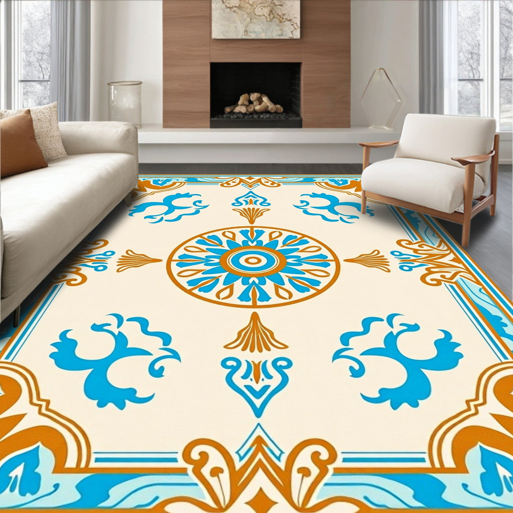 Ornate Teal Gold Floral Pattern Rug