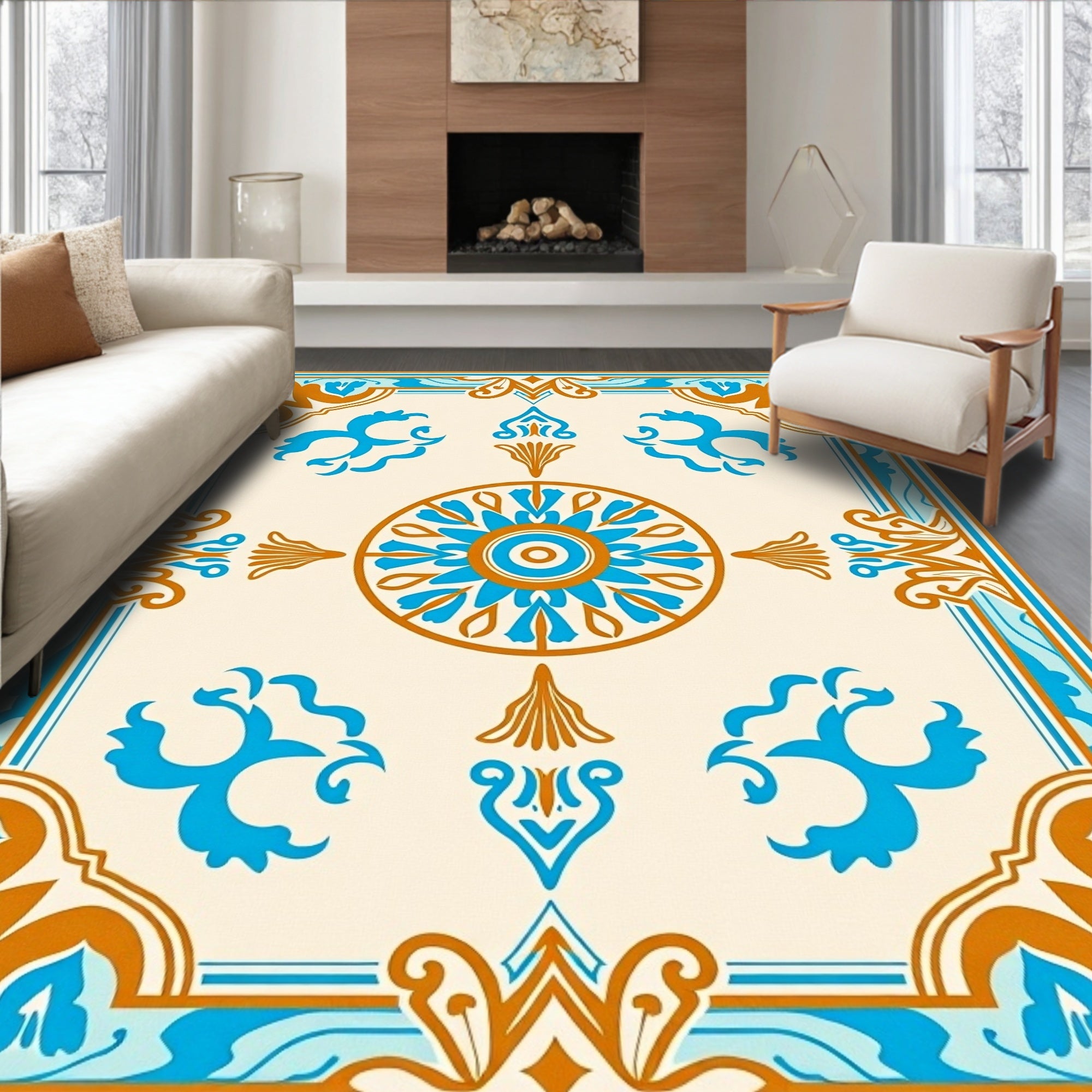Ornate Teal Gold Floral Pattern Rug