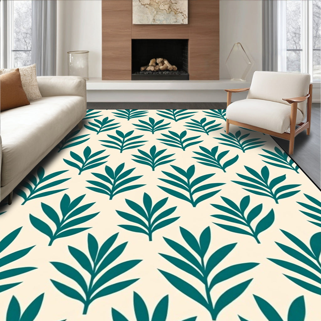 Modern Teal Leaf Patterned Rug