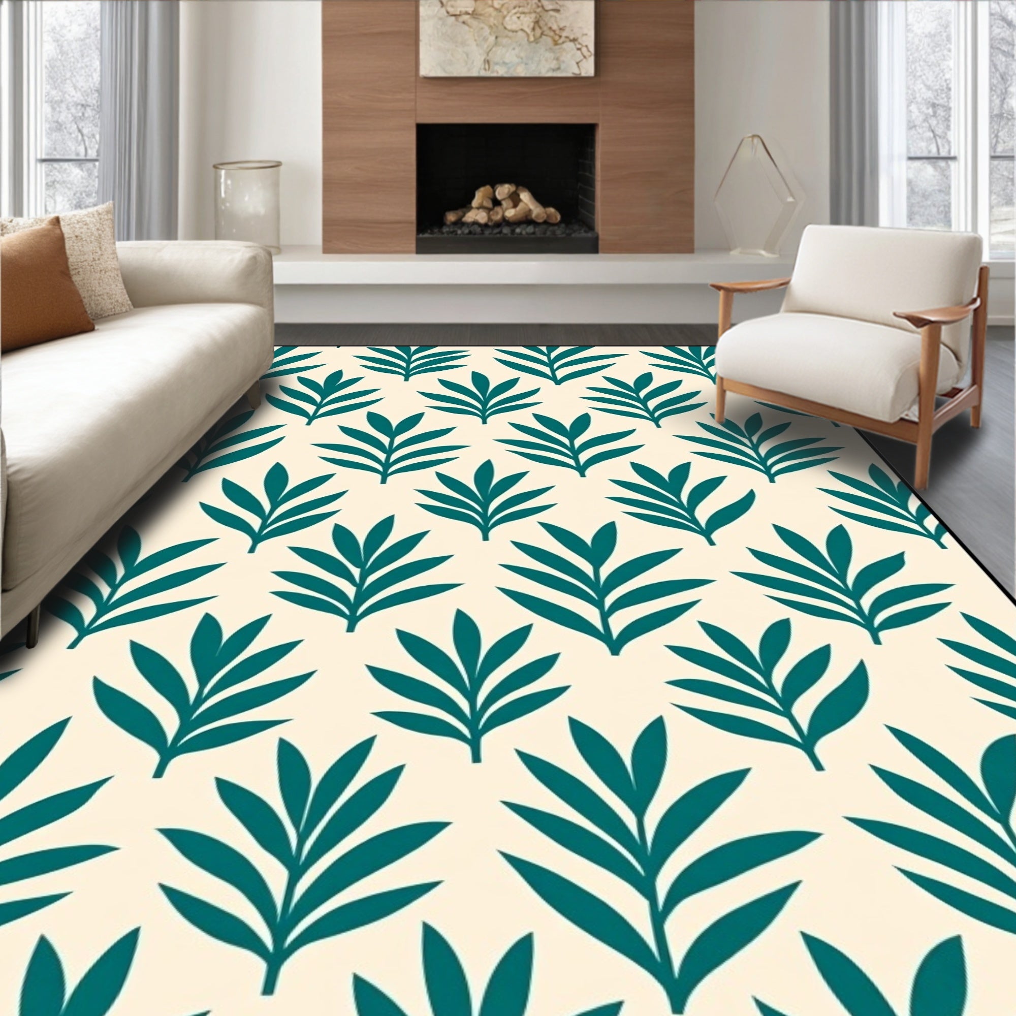Modern Teal Leaf Patterned Rug