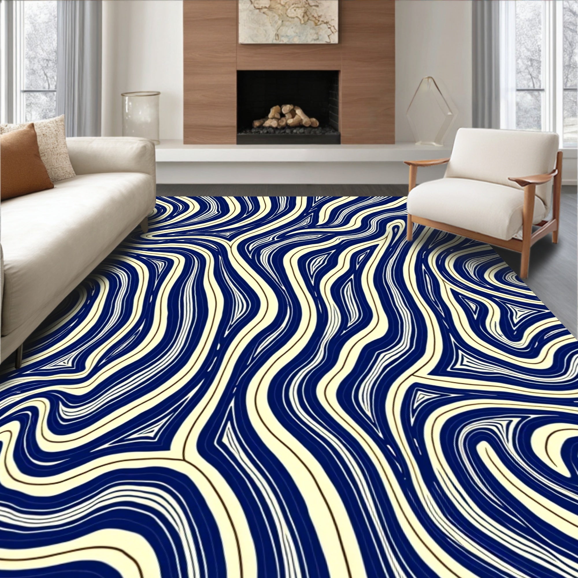 Abstract Blue Cream Wavy Lines Design Rug