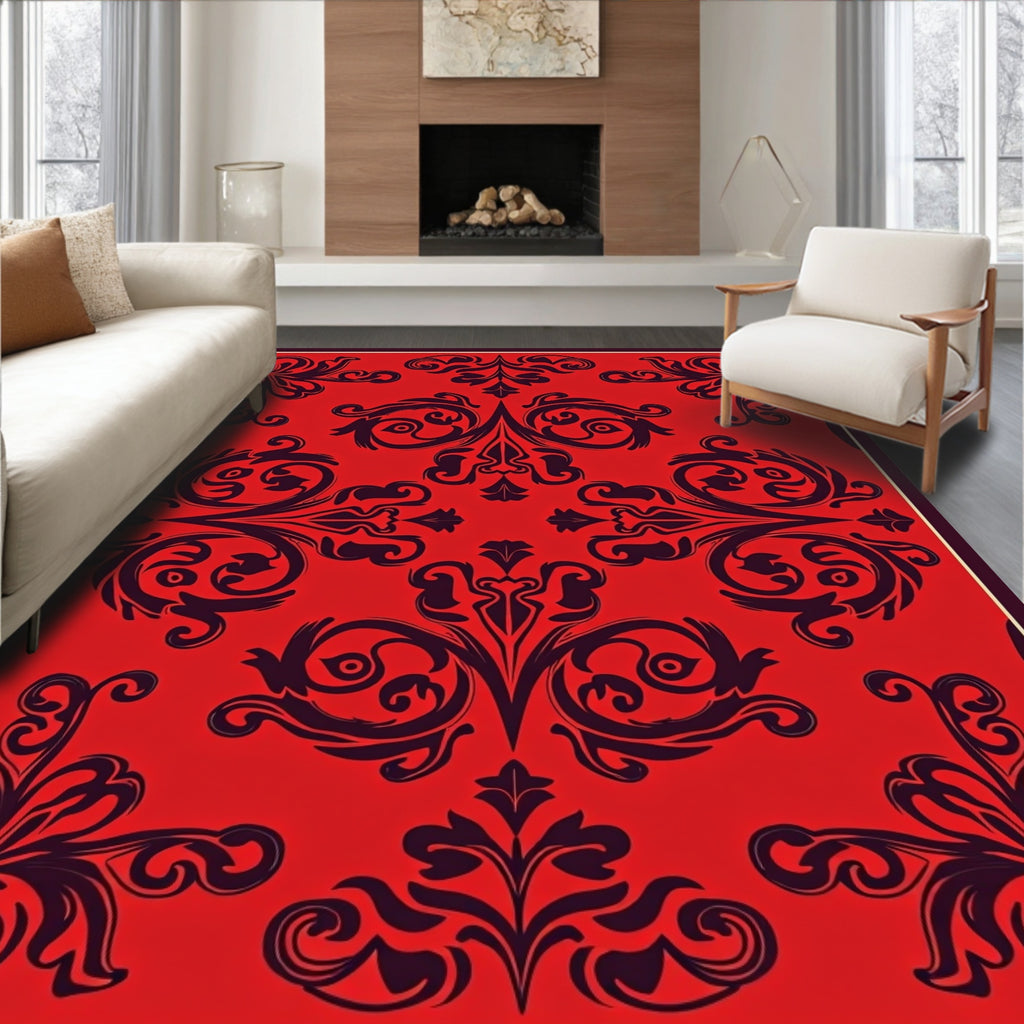 Red Vintage Floral Damask Design Rug