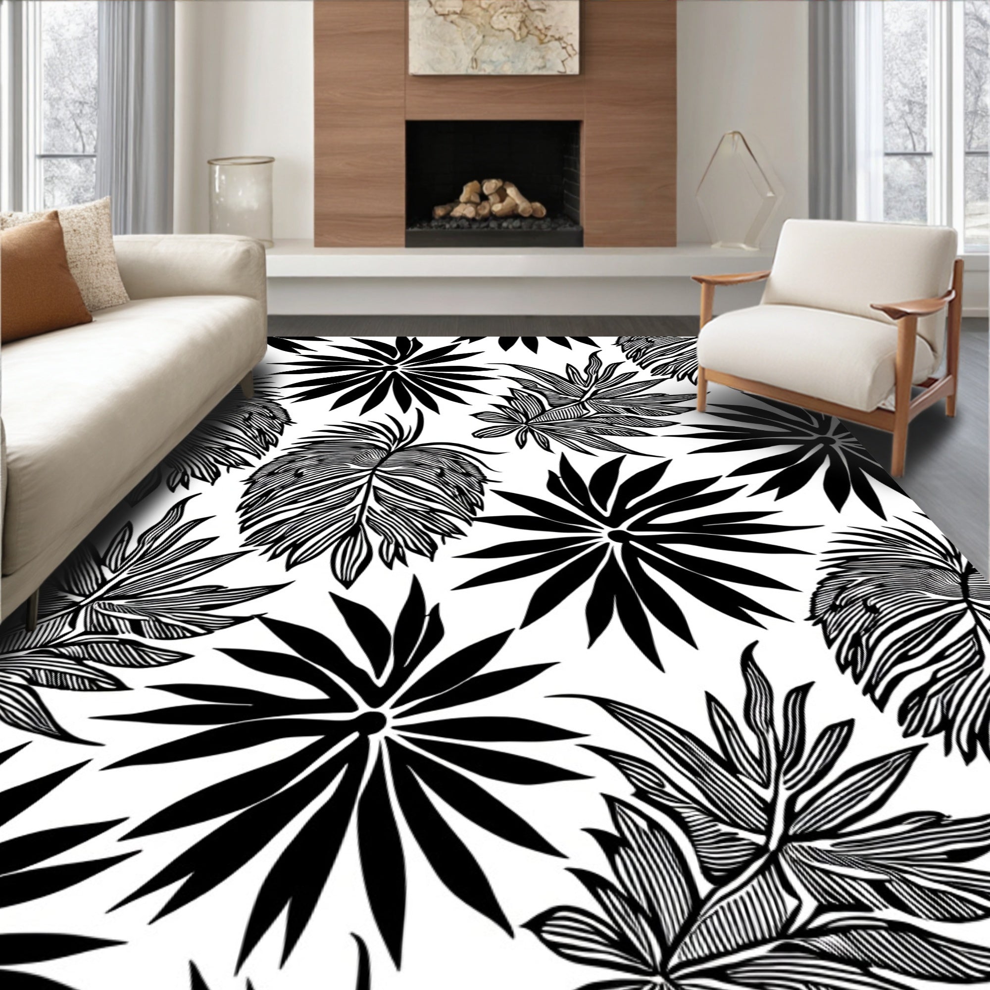Bold Tropical Leaf Silhouette Pattern Rug