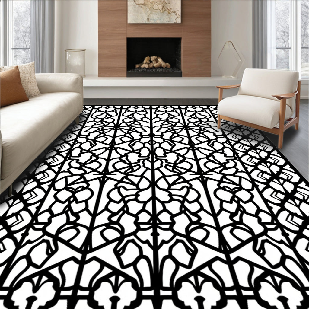Black White Geometric Floral Pattern Rug