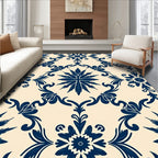 Navy Floral Damask Scroll Pattern Rug