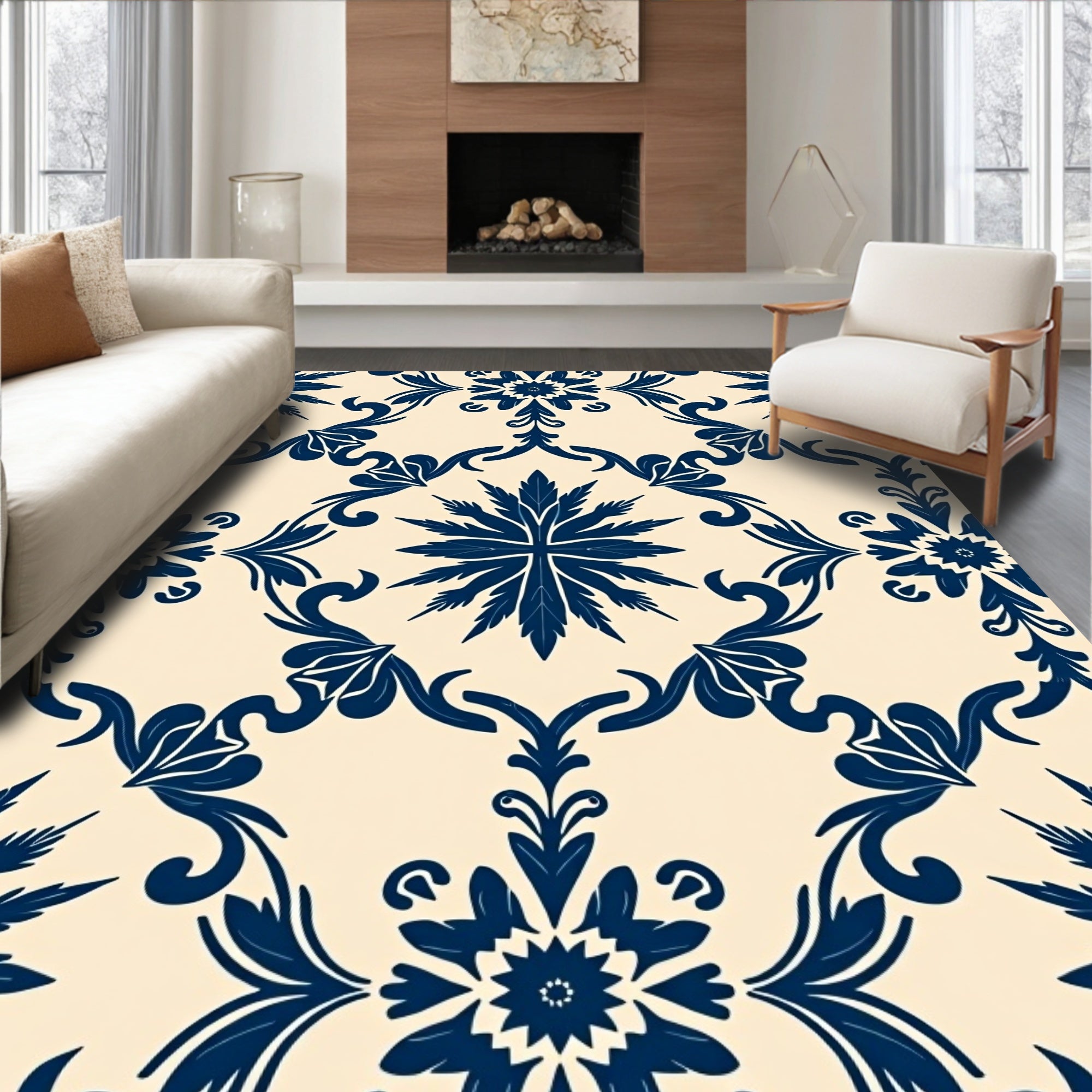 Navy Floral Damask Scroll Pattern Rug