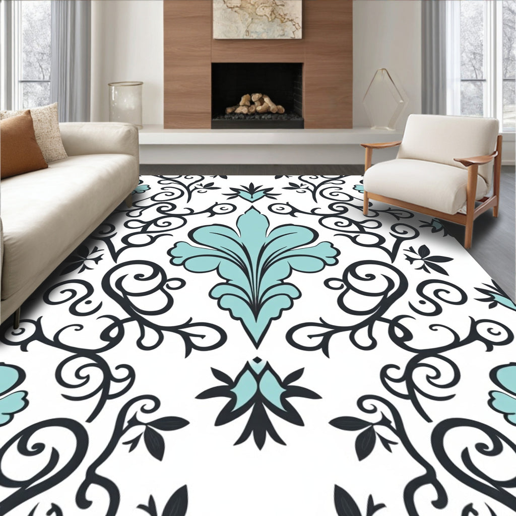 Soft Teal Floral Scroll Pattern Rug