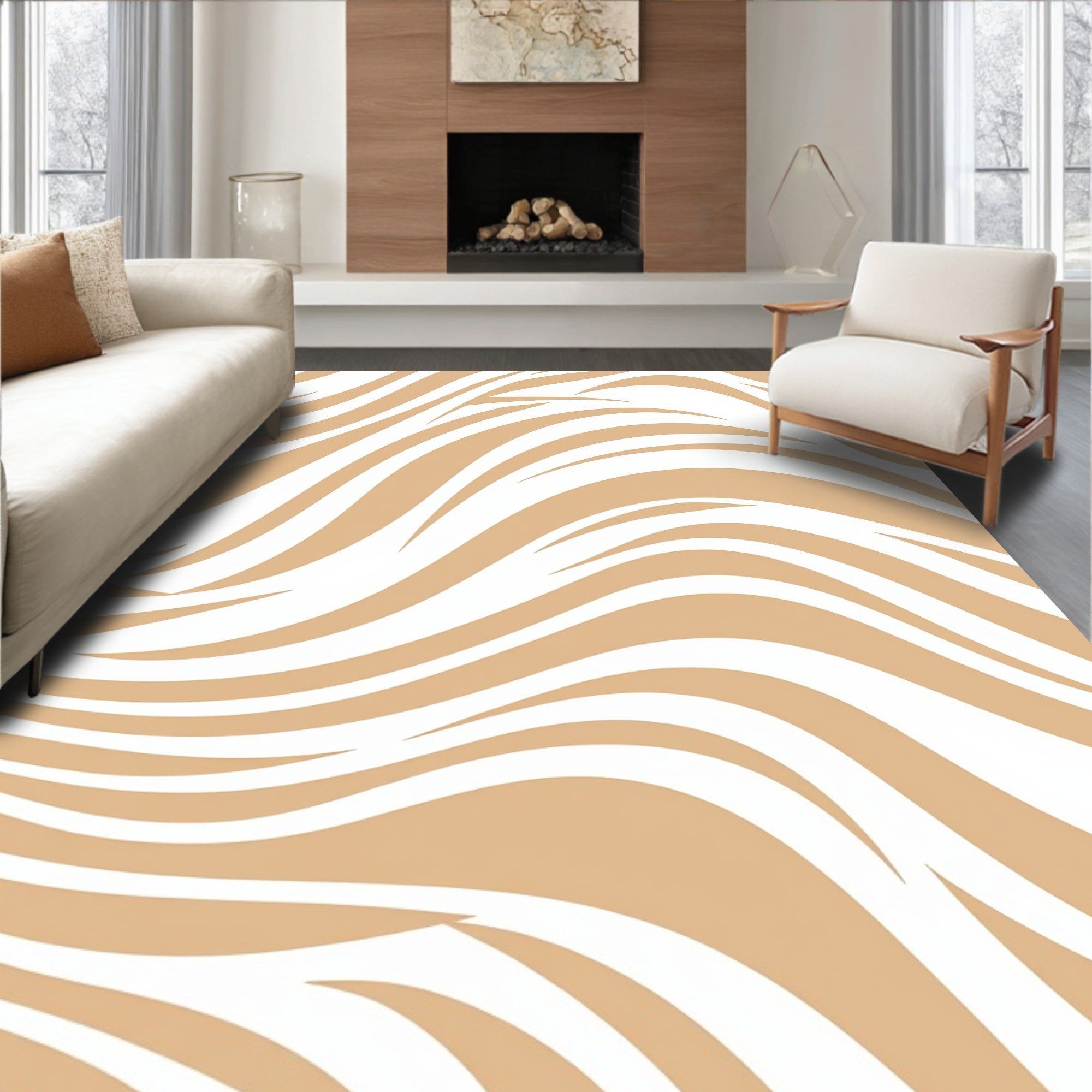 Abstract Beige Wavy Stripe Pattern Rug