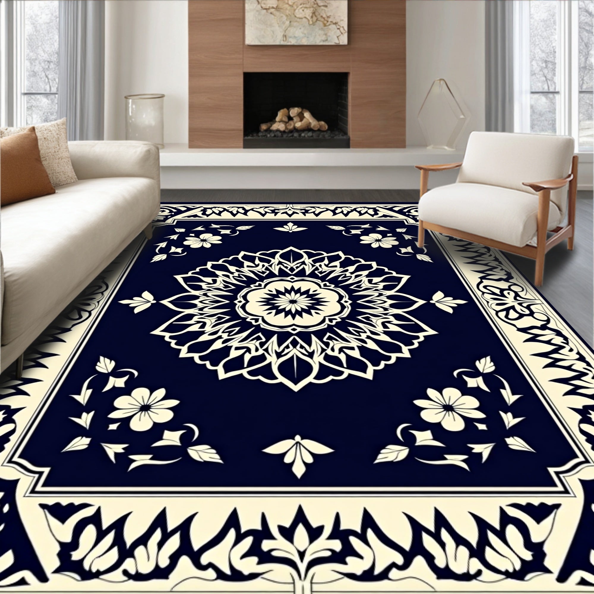 Navy Cream Floral Mandala Medallion Rug