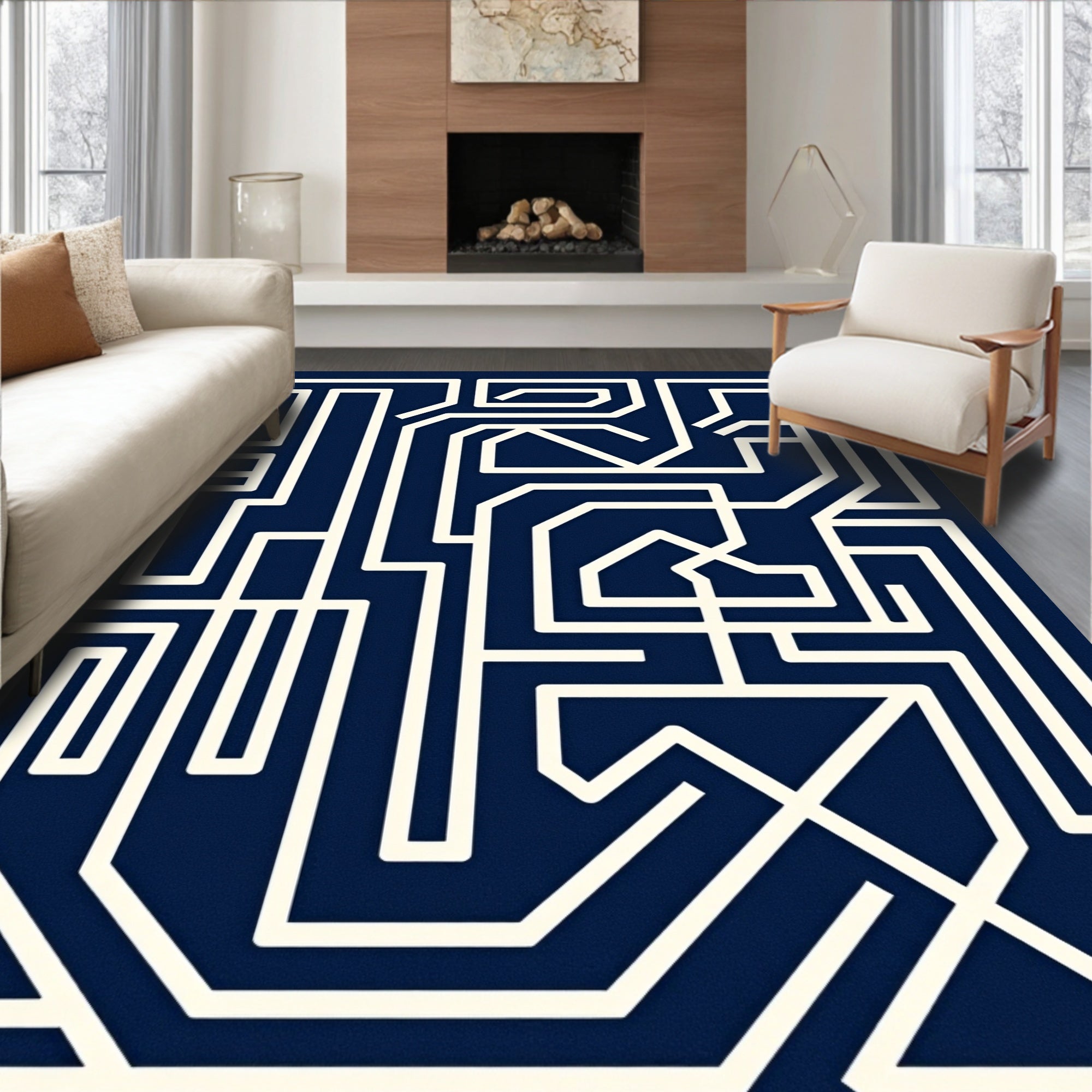 Navy White Geometric Maze Lines Rug