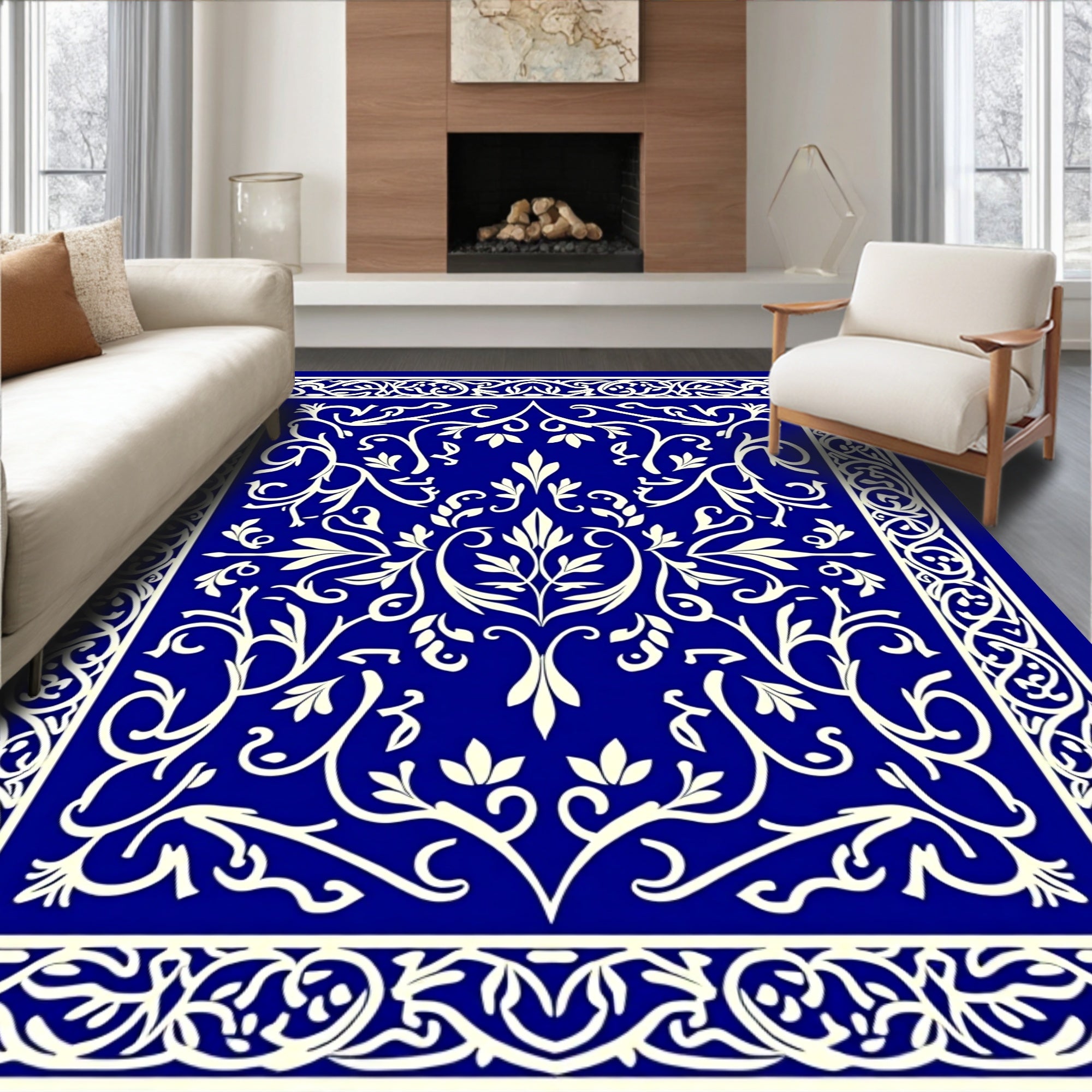 Elegant Ivory Floral Scrollwork Design Rug