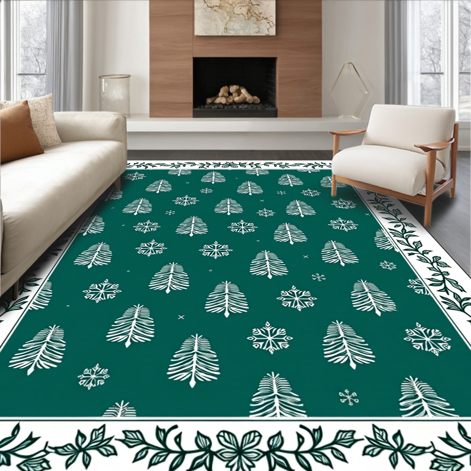 Emerald Green Winter Forest Snowflake Rug