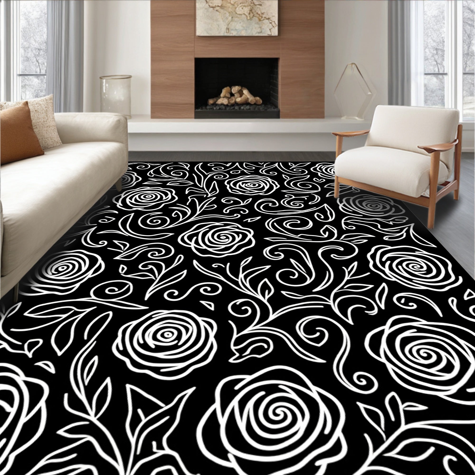Black White Rose Swirl Pattern Rug