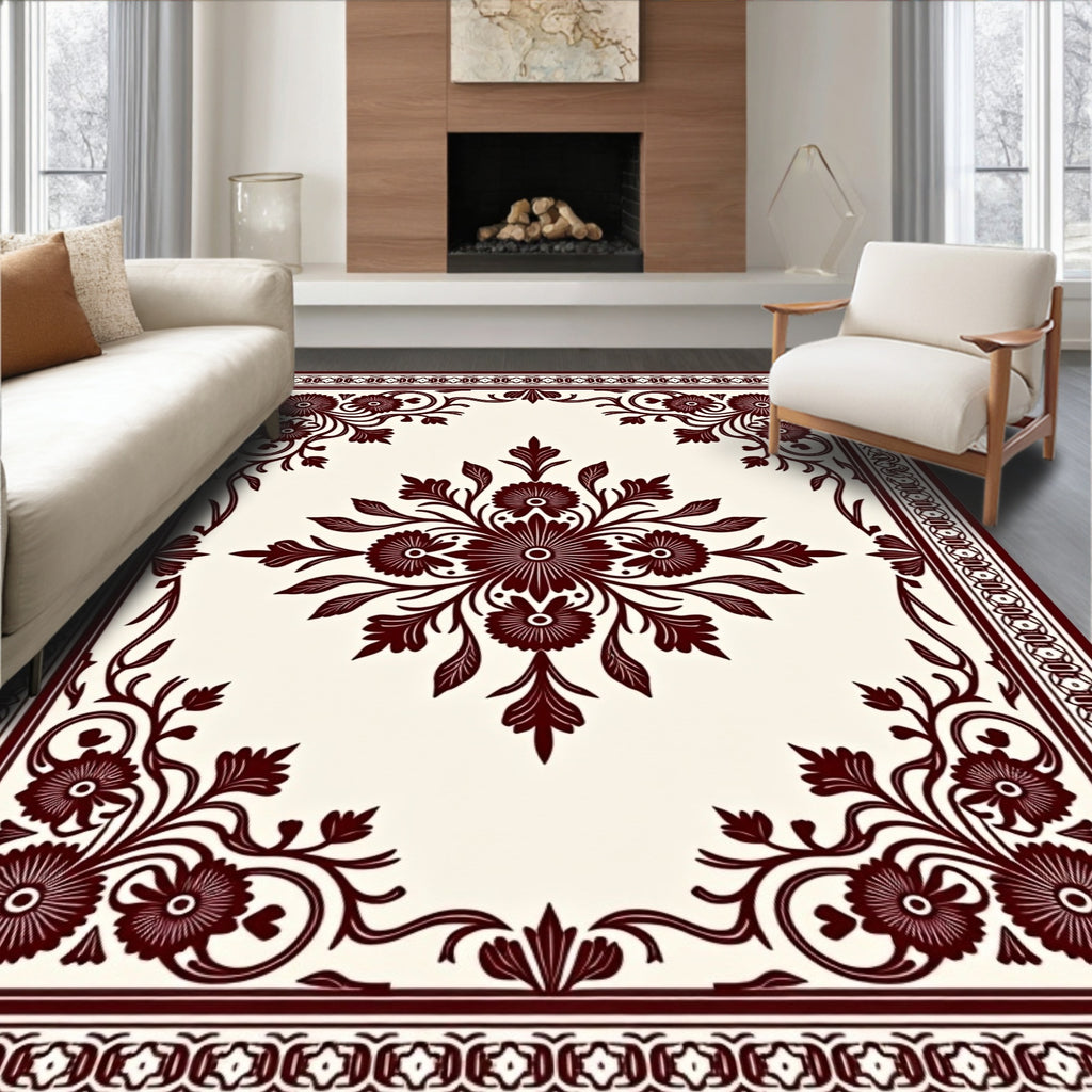 Deep Red Floral Tassel Border Rug