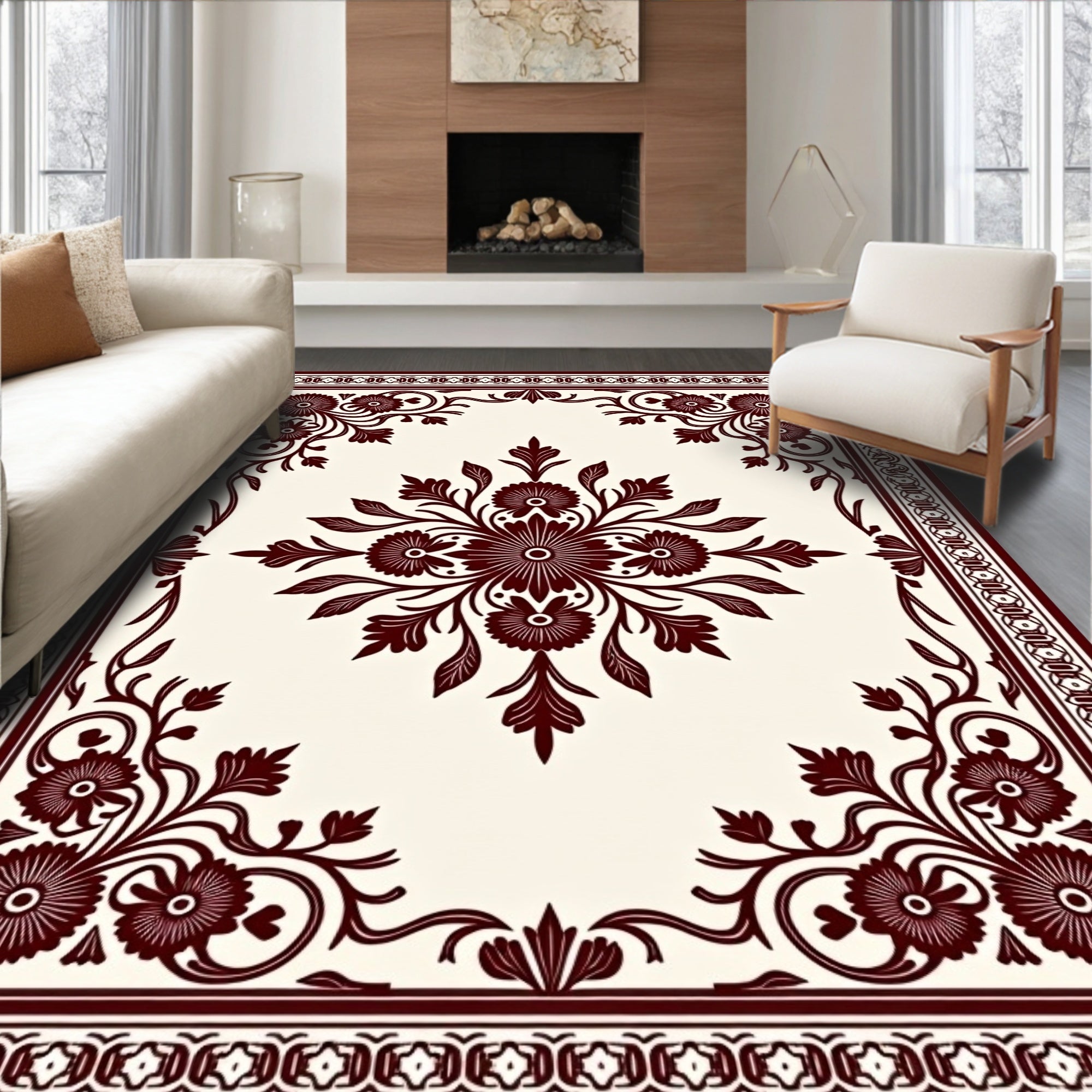 Deep Red Floral Tassel Border Rug