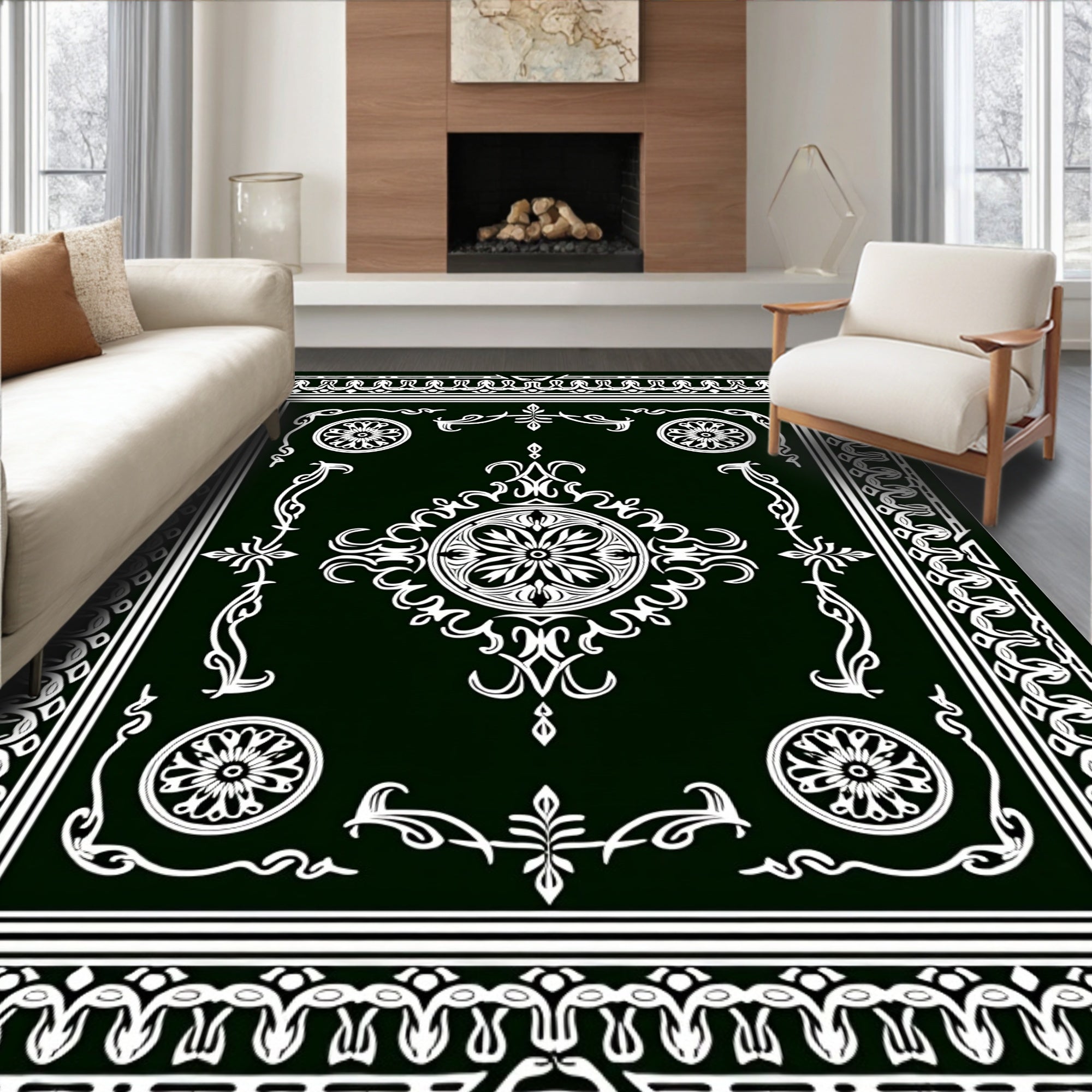 Dark Green White Filigree Medallion Rug