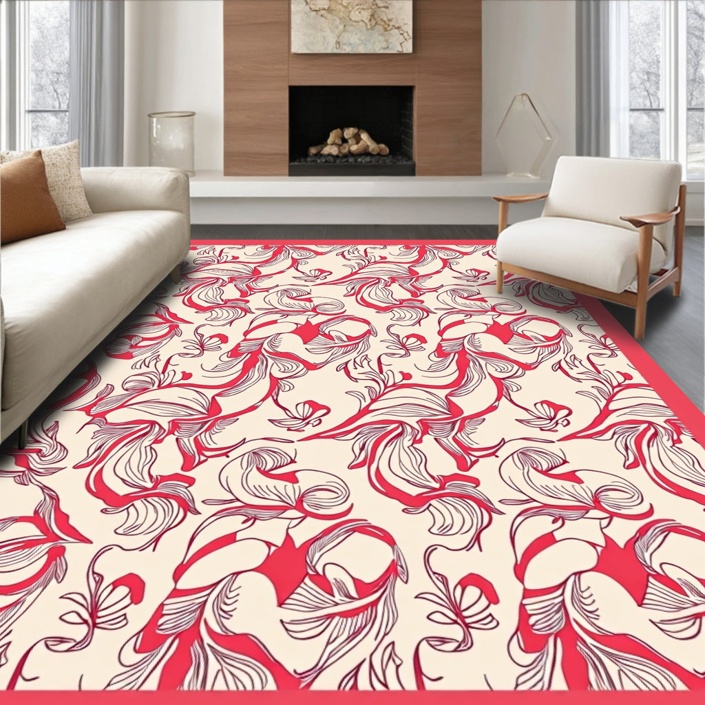 Bold Red Swirl Floral Pattern Rug