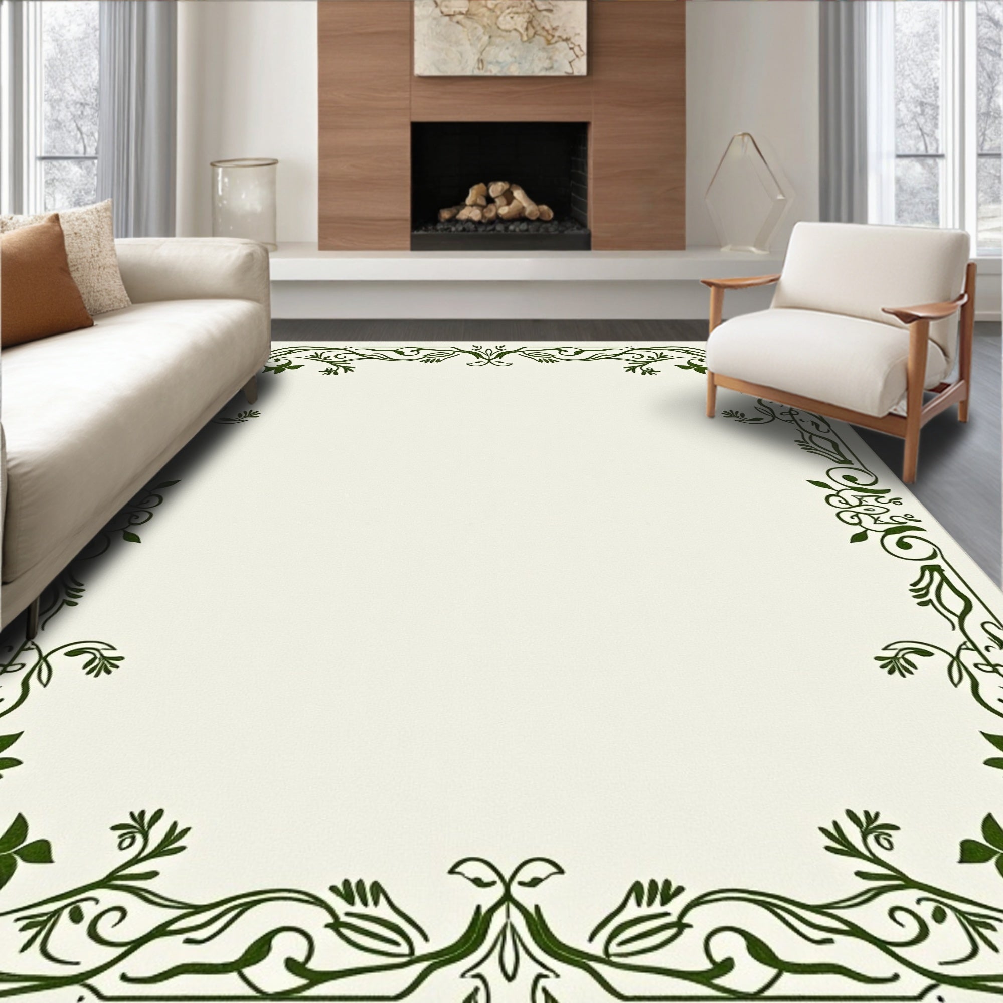 Elegant Green Floral Border Design Rug