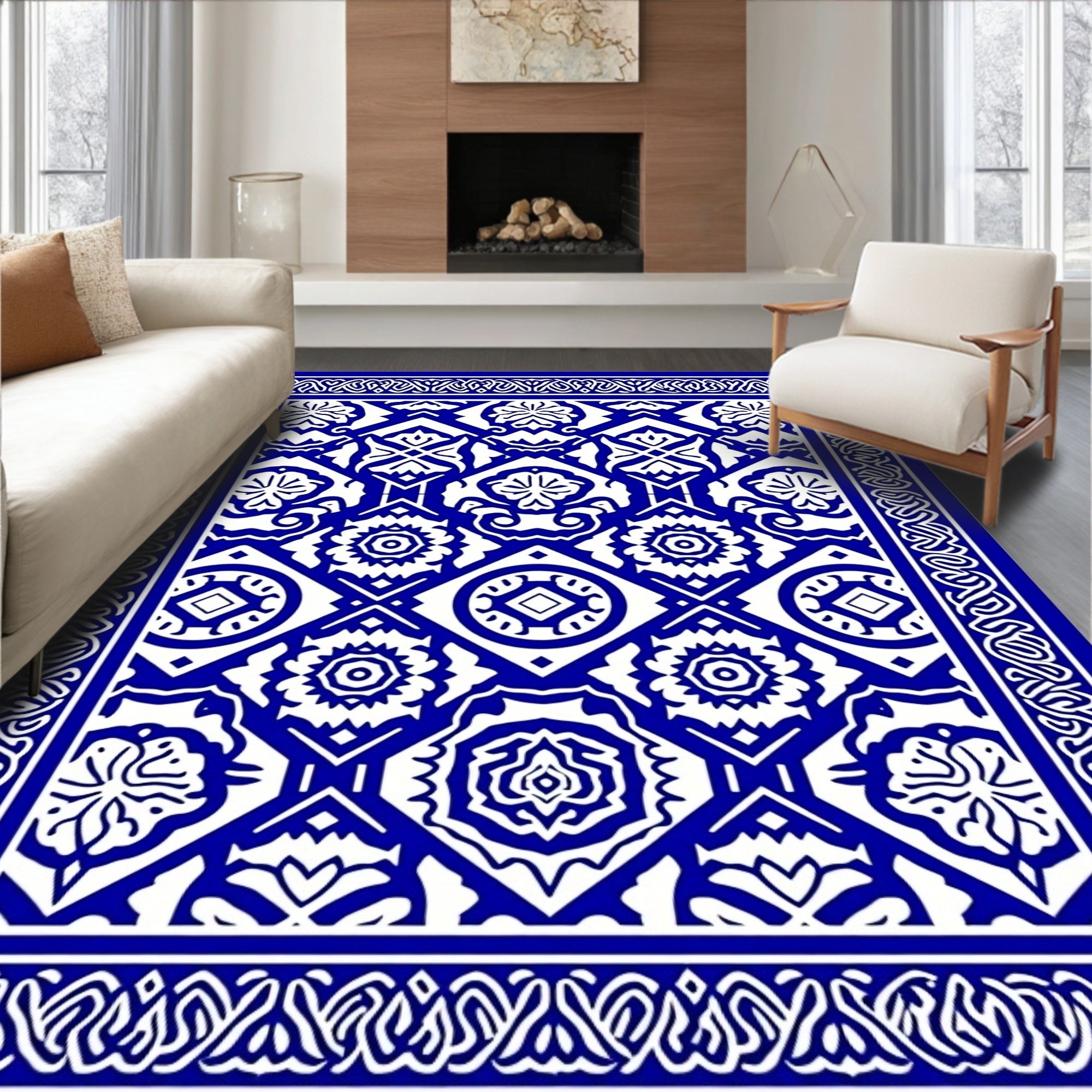 Lace Inspired Blue and White Pattern Rug