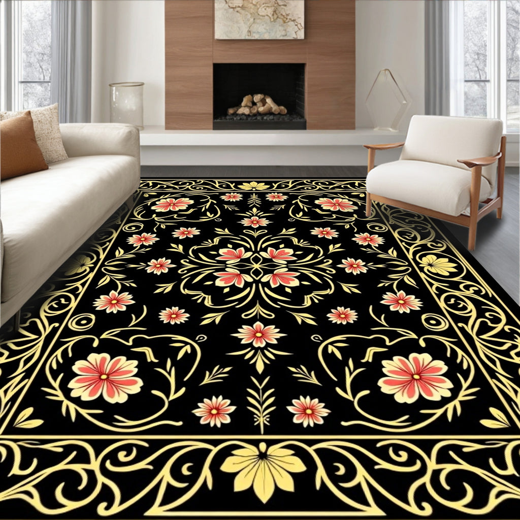 Black Floral Swirls And Vines Rug