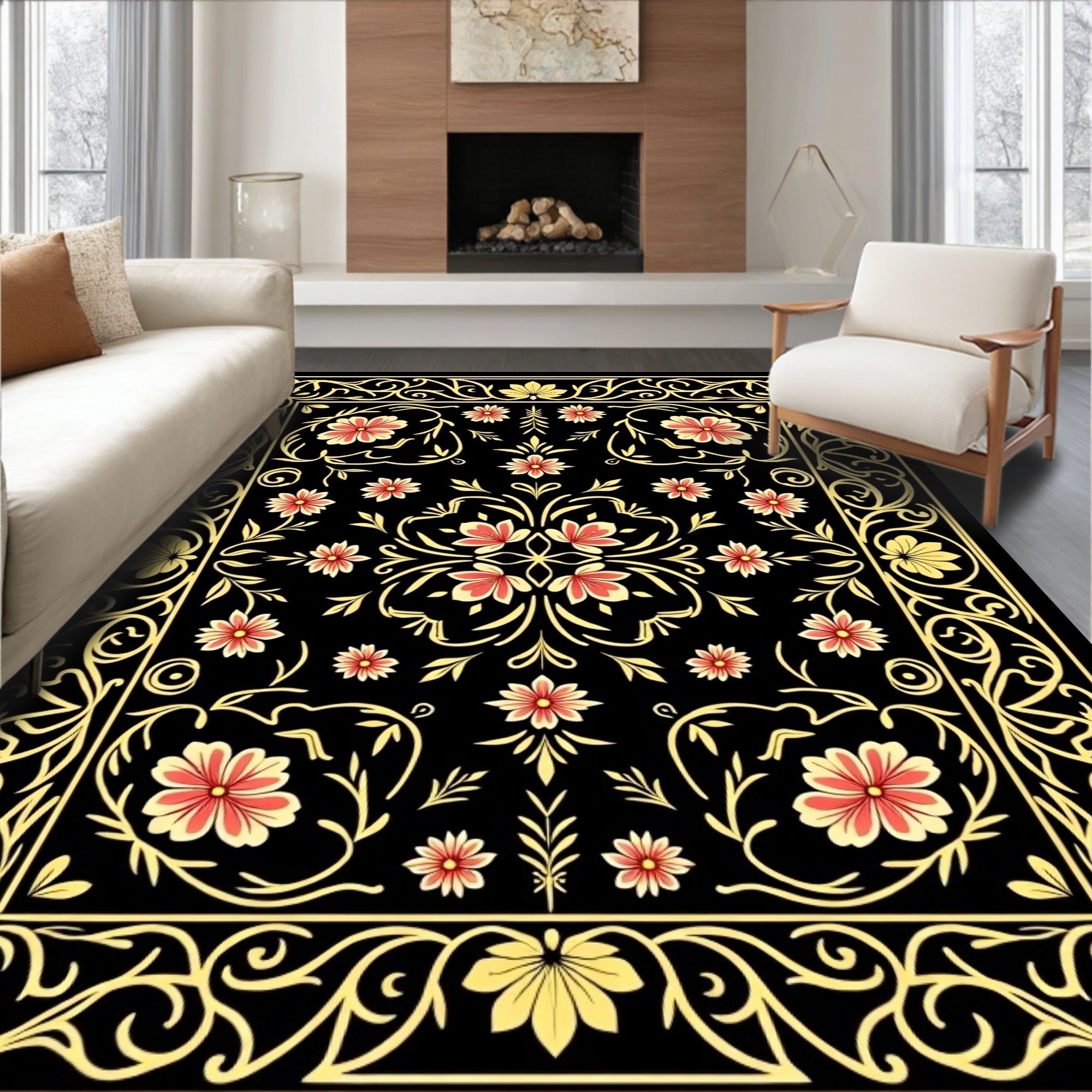 Black Floral Swirls And Vines Rug