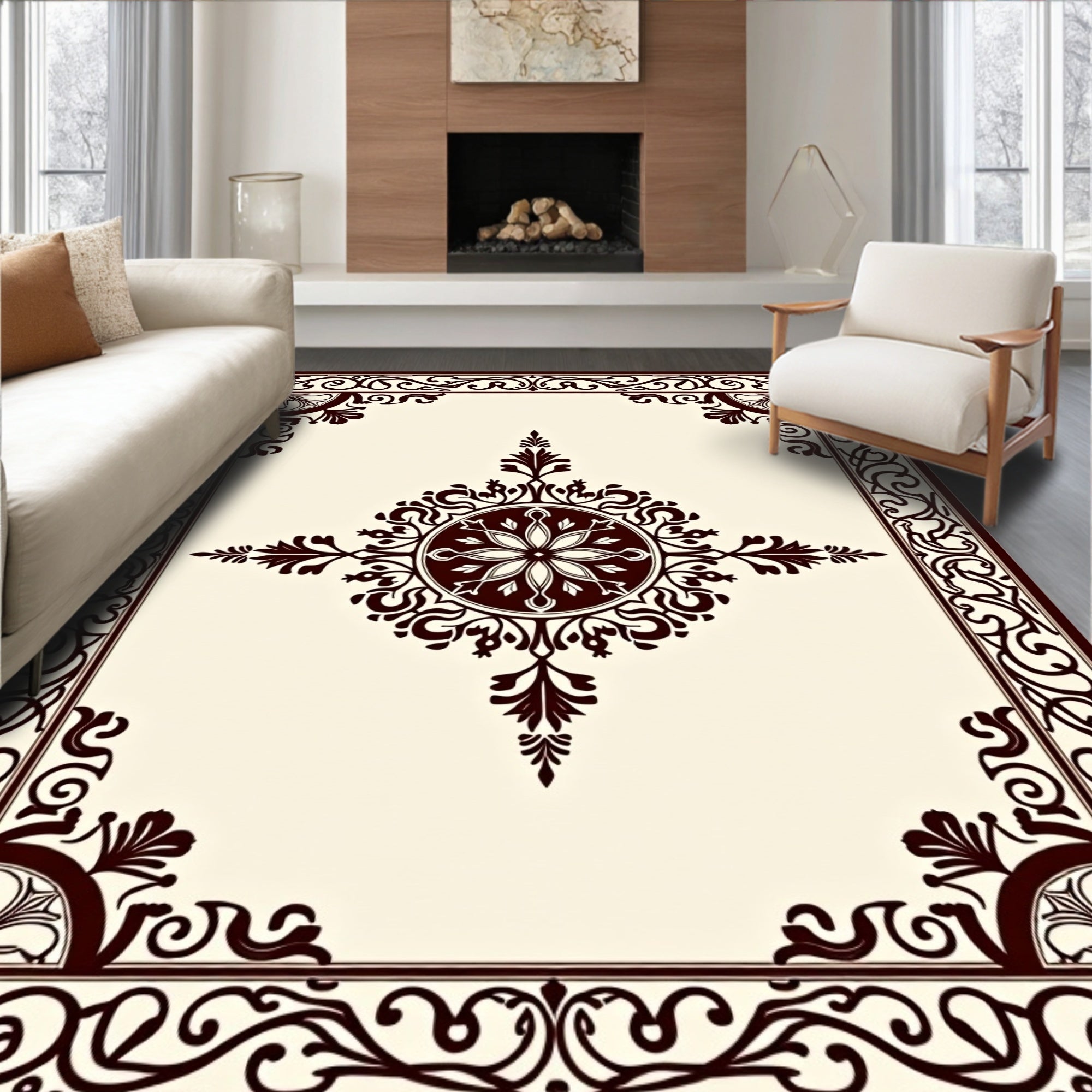 Classic Dark Floral Medallion Border Design Rug