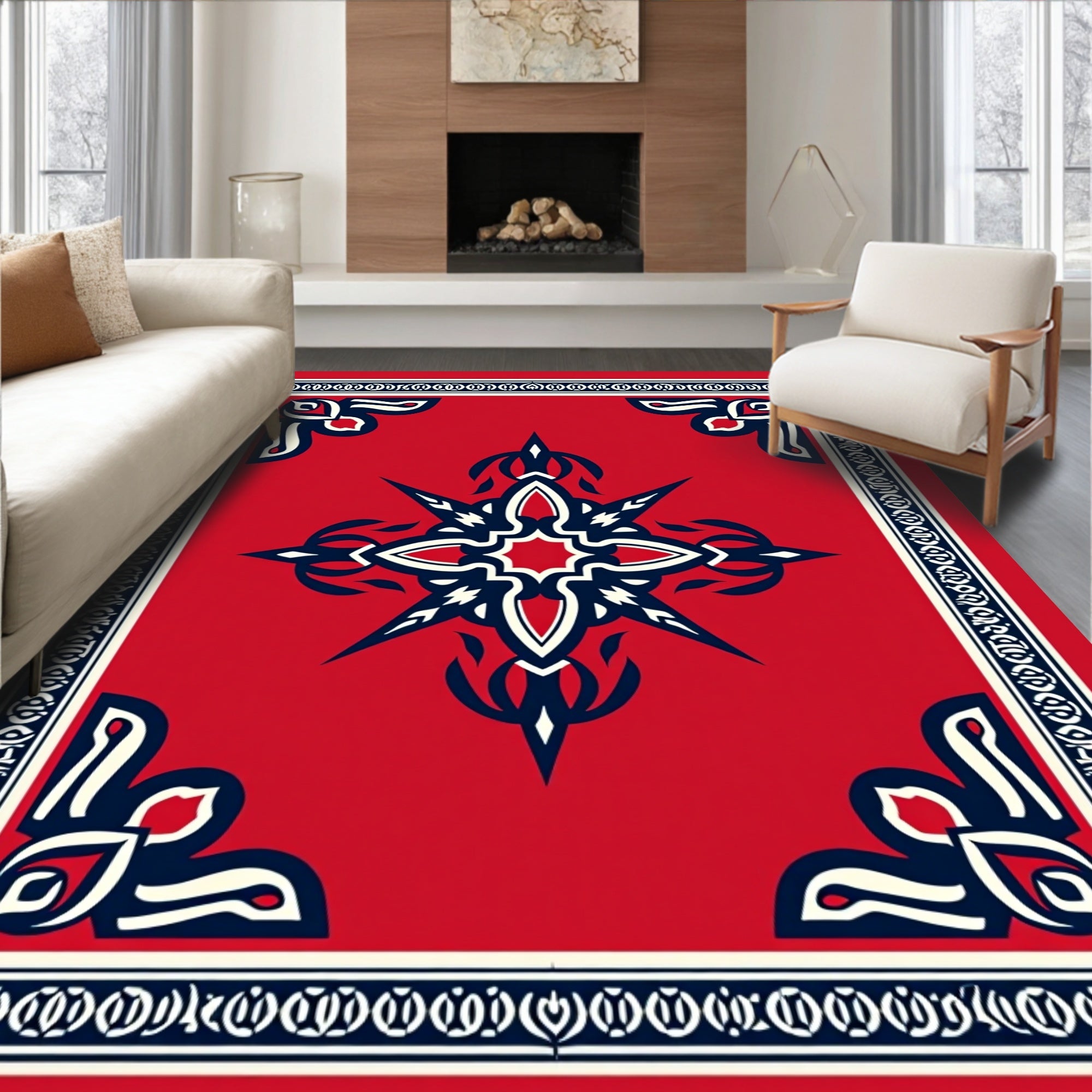 Crimson Starburst Geometric Pattern Rug