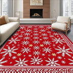Red White Snowflake Winter Border Rug