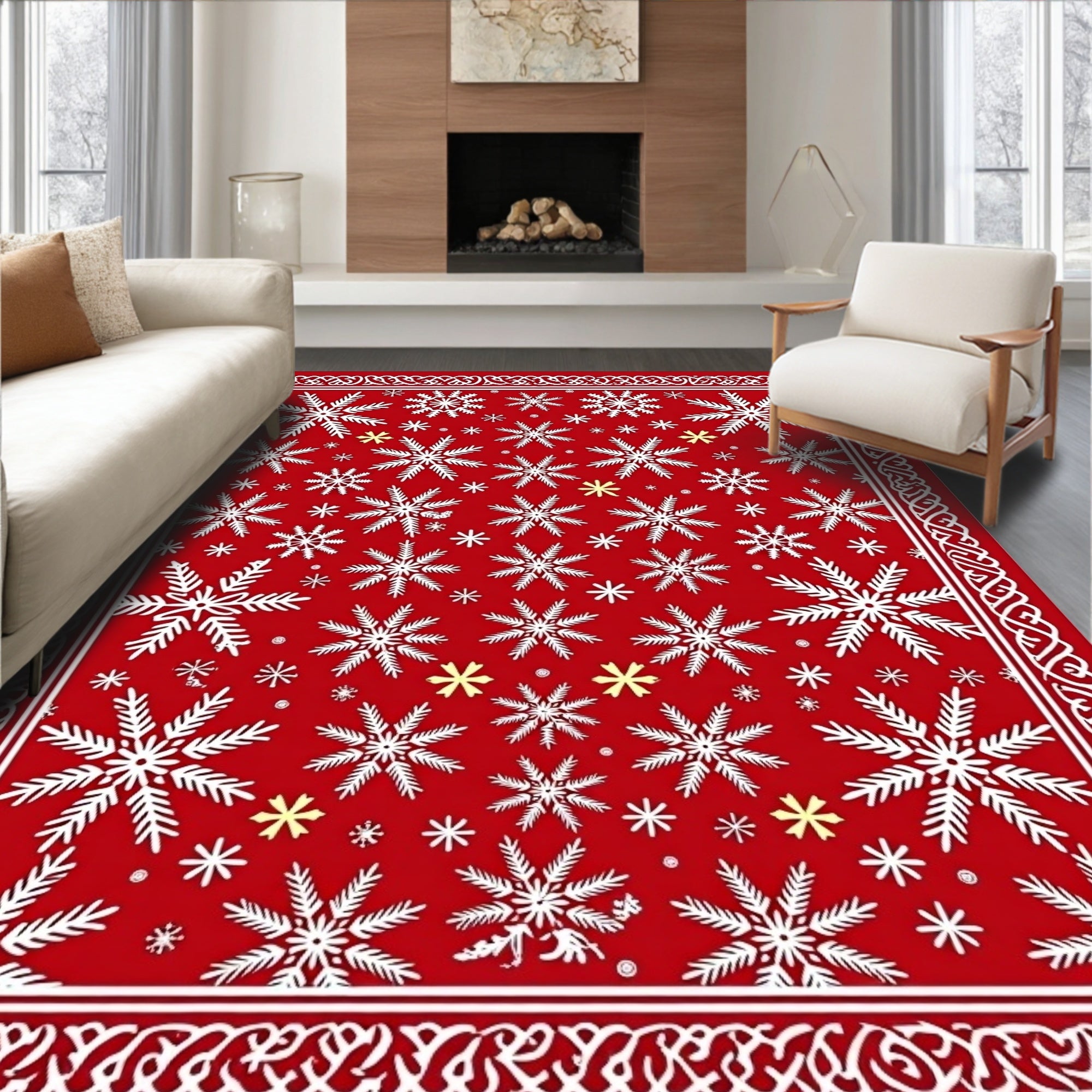 Red White Snowflake Winter Border Rug
