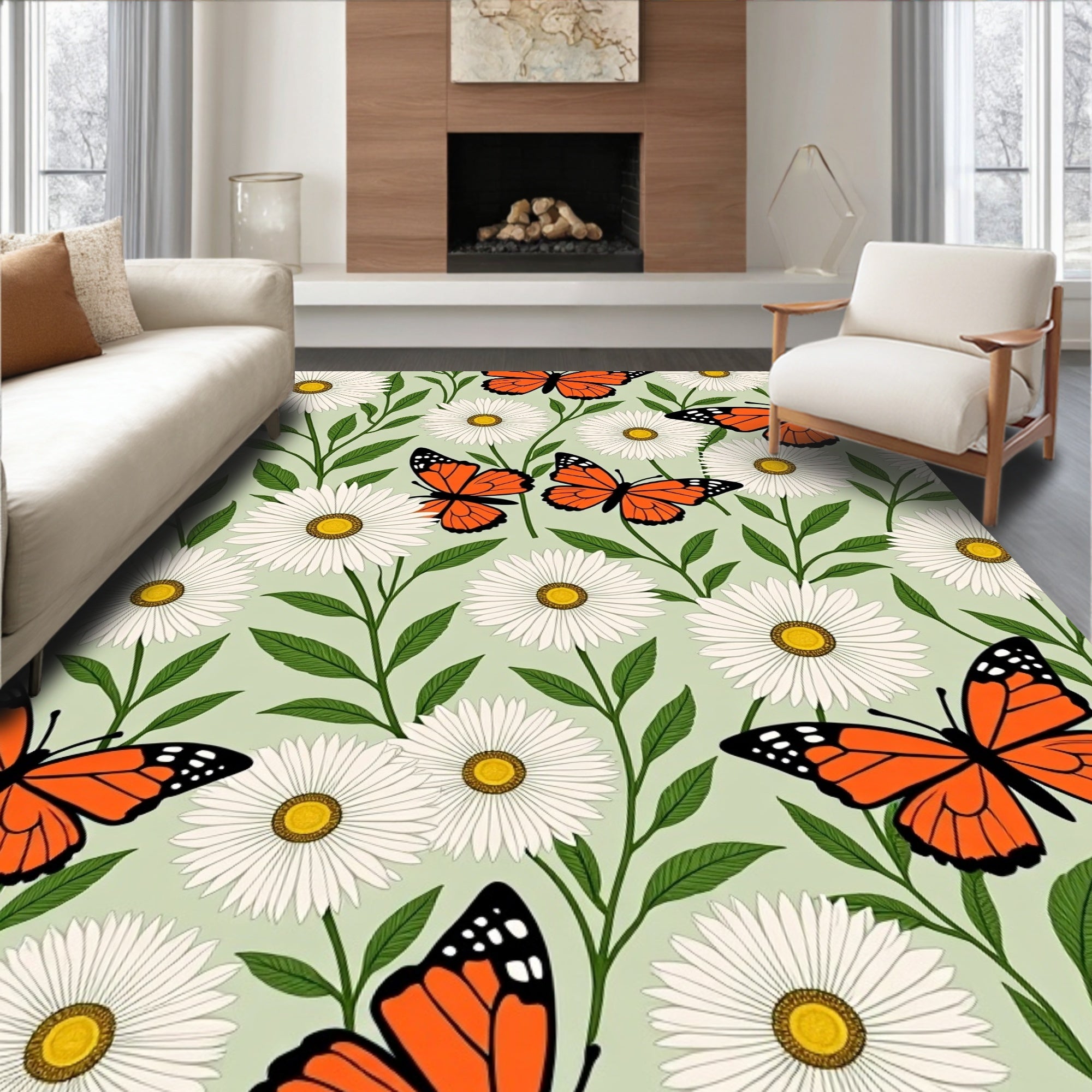Orange Butterfly Daisy Floral Pattern Rug