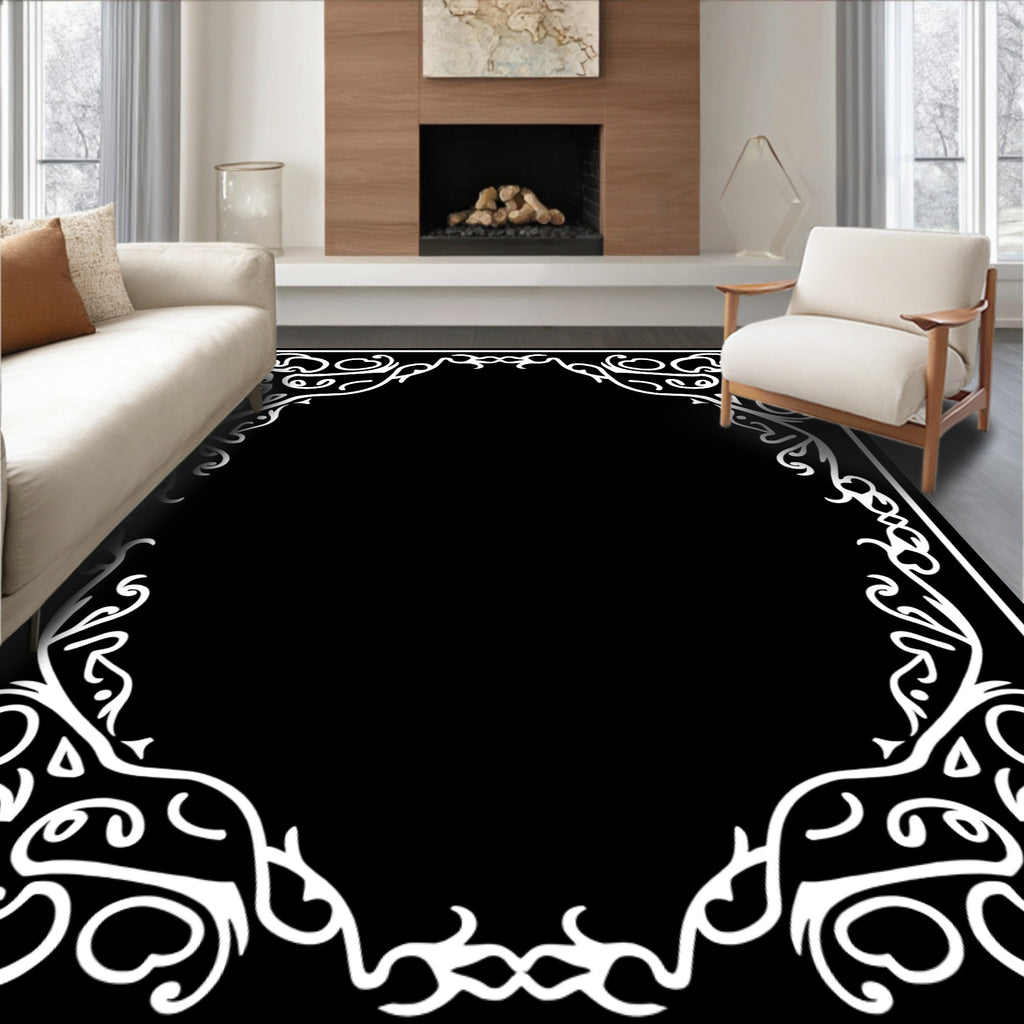 Ornate White Floral Vine Border Rug