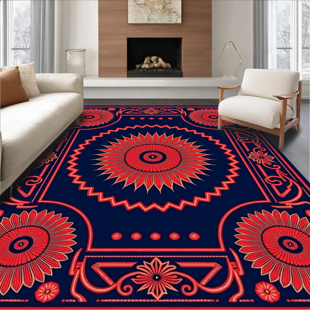 Bold Red Floral Sunburst Pattern Rug