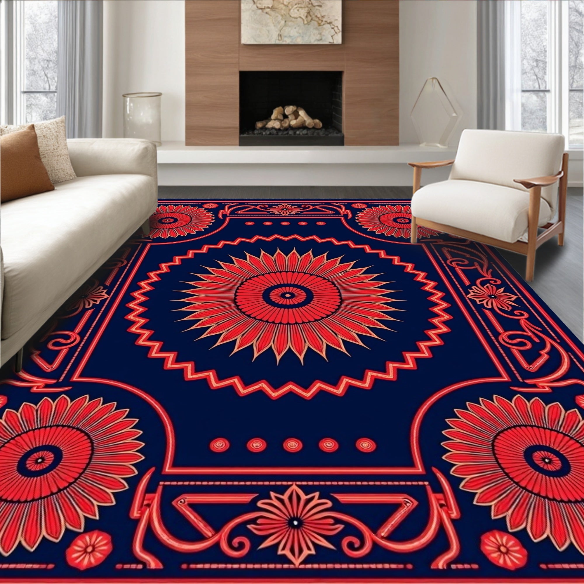 Bold Red Floral Sunburst Pattern Rug