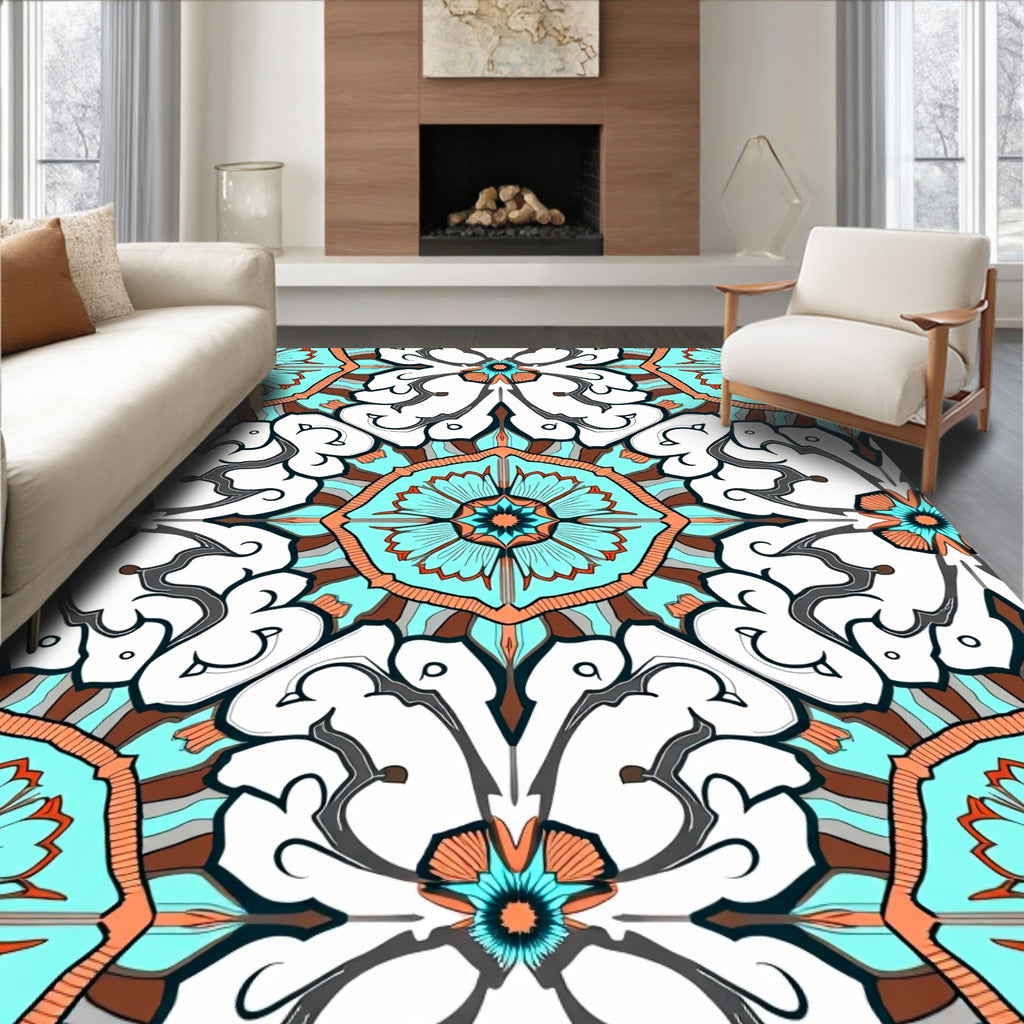 Bold Teal Orange Mandala Style Rug