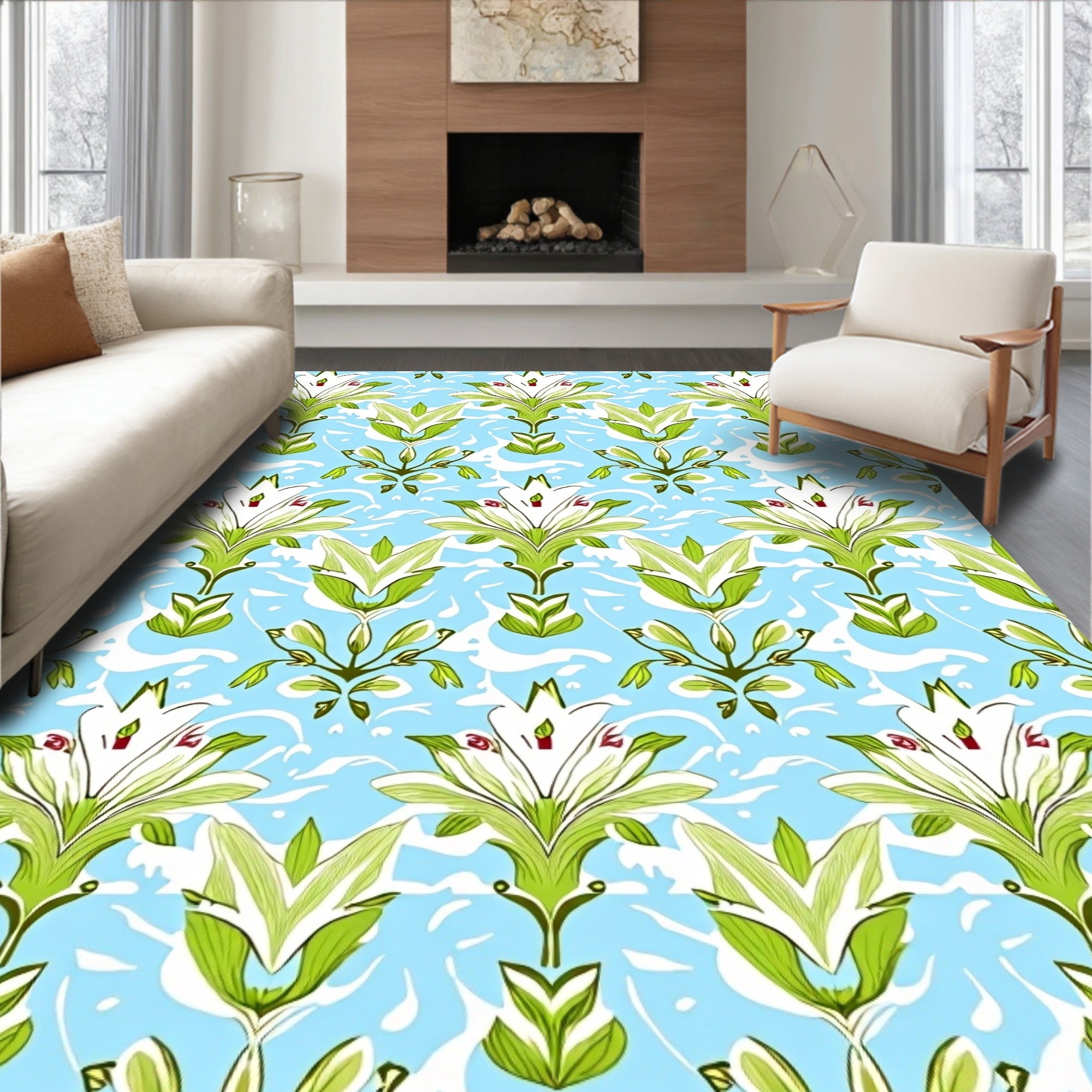 Light Blue Floral Art Nouveau Pattern Rug