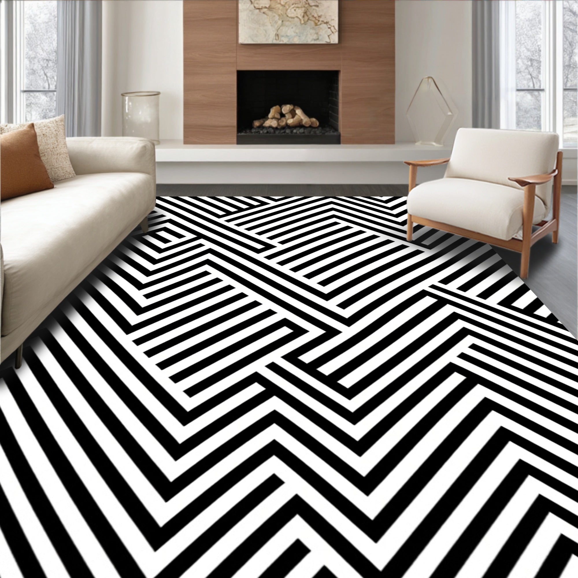 Monochrome Geometric Maze Pattern Rug