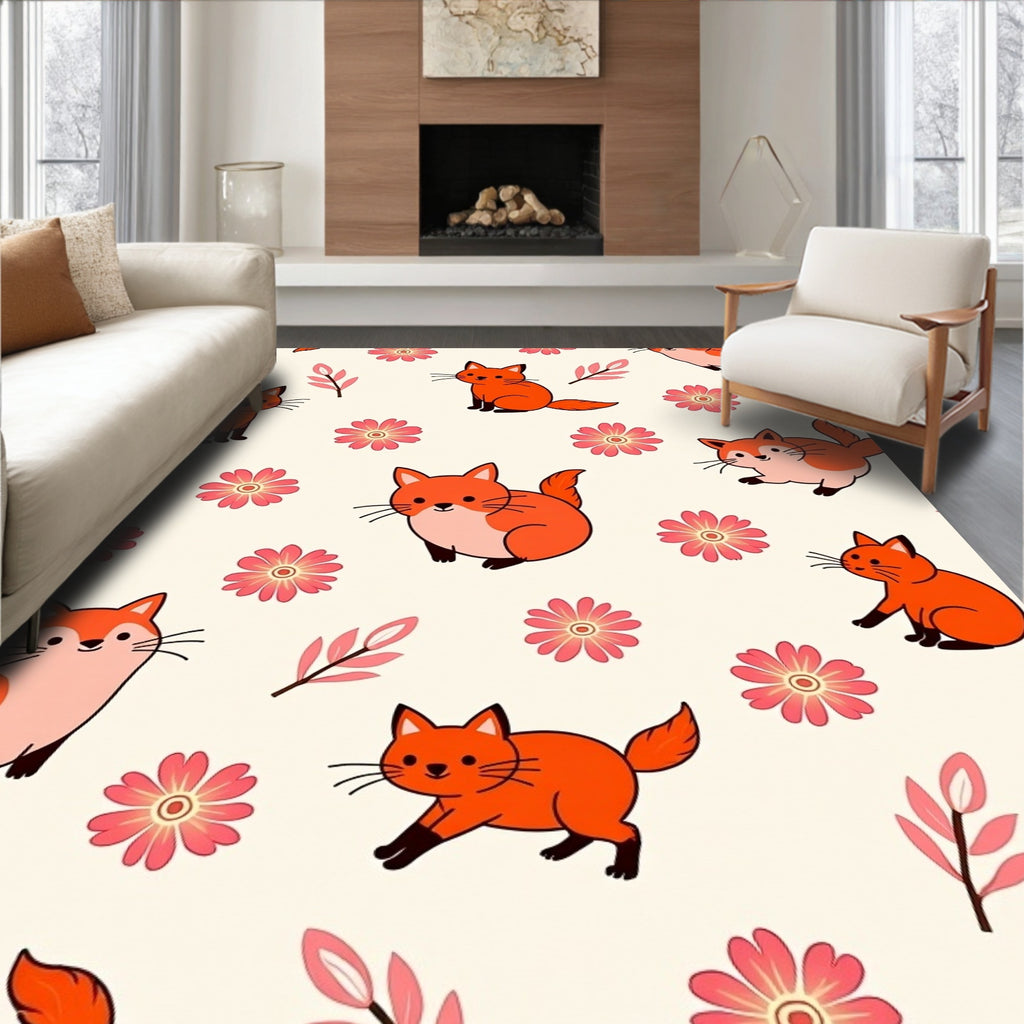 Cute Fox Flower Pattern Design Rug