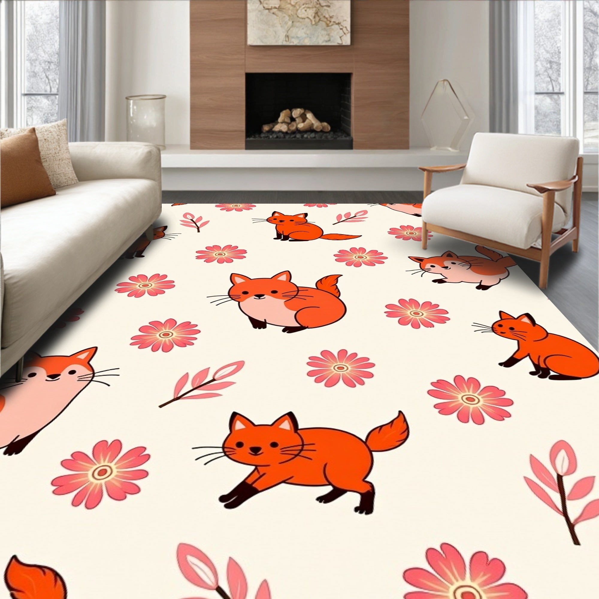 Cute Fox Flower Pattern Design Rug
