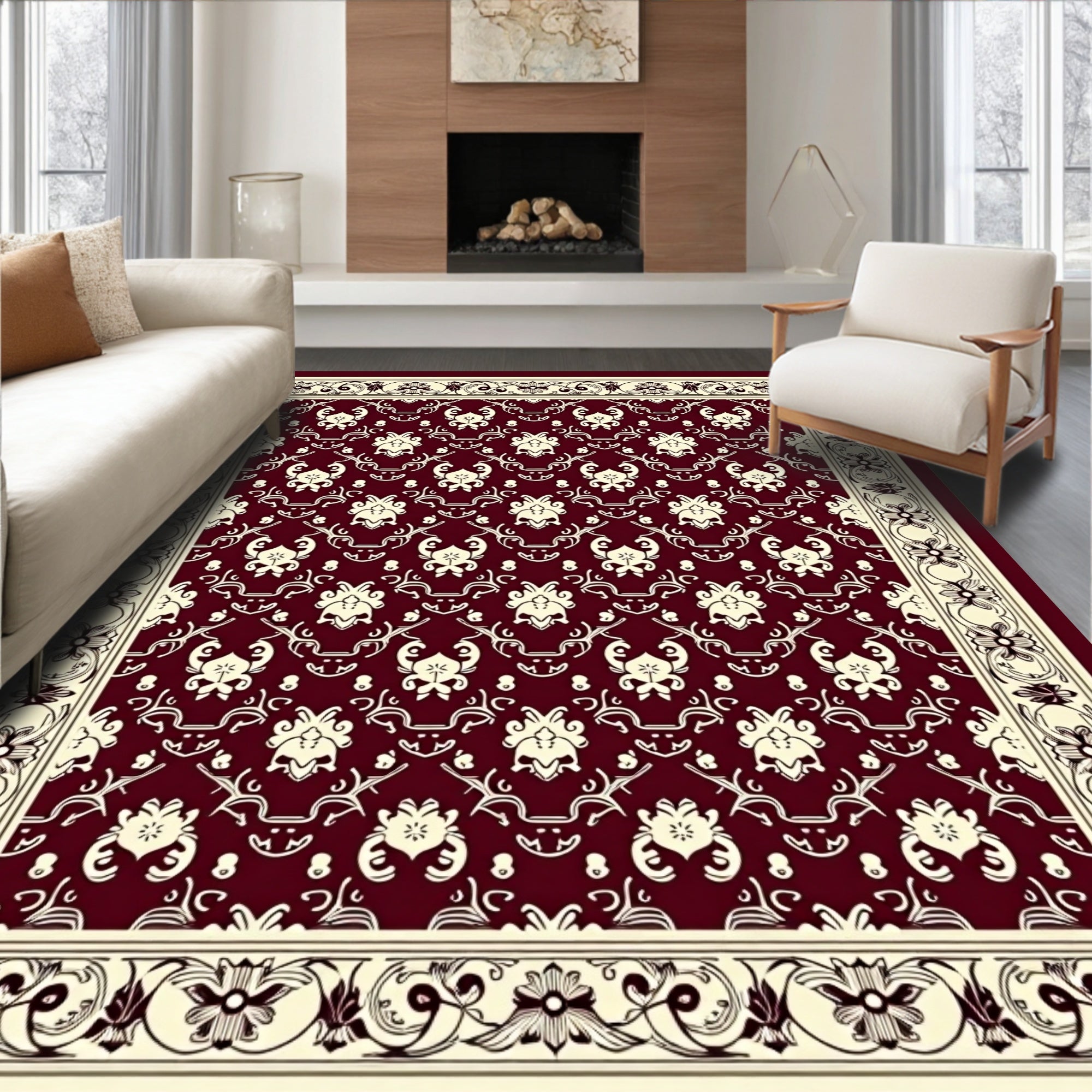 Ornate Damask Style Floral Pattern Rug