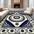 Classic Floral Medallion Ivory Navy Rug